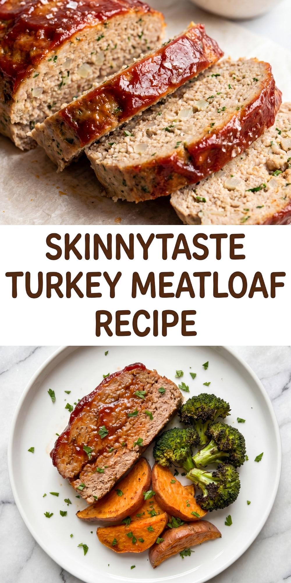 Pinterest pin graphic showing sliced turkey meatloaf on top and a full dinner plate with meatloaf, sweet potato wedges, and roasted broccoli on the bottom, separated by text reading Skinnytaste Turkey Meatloaf Recipe