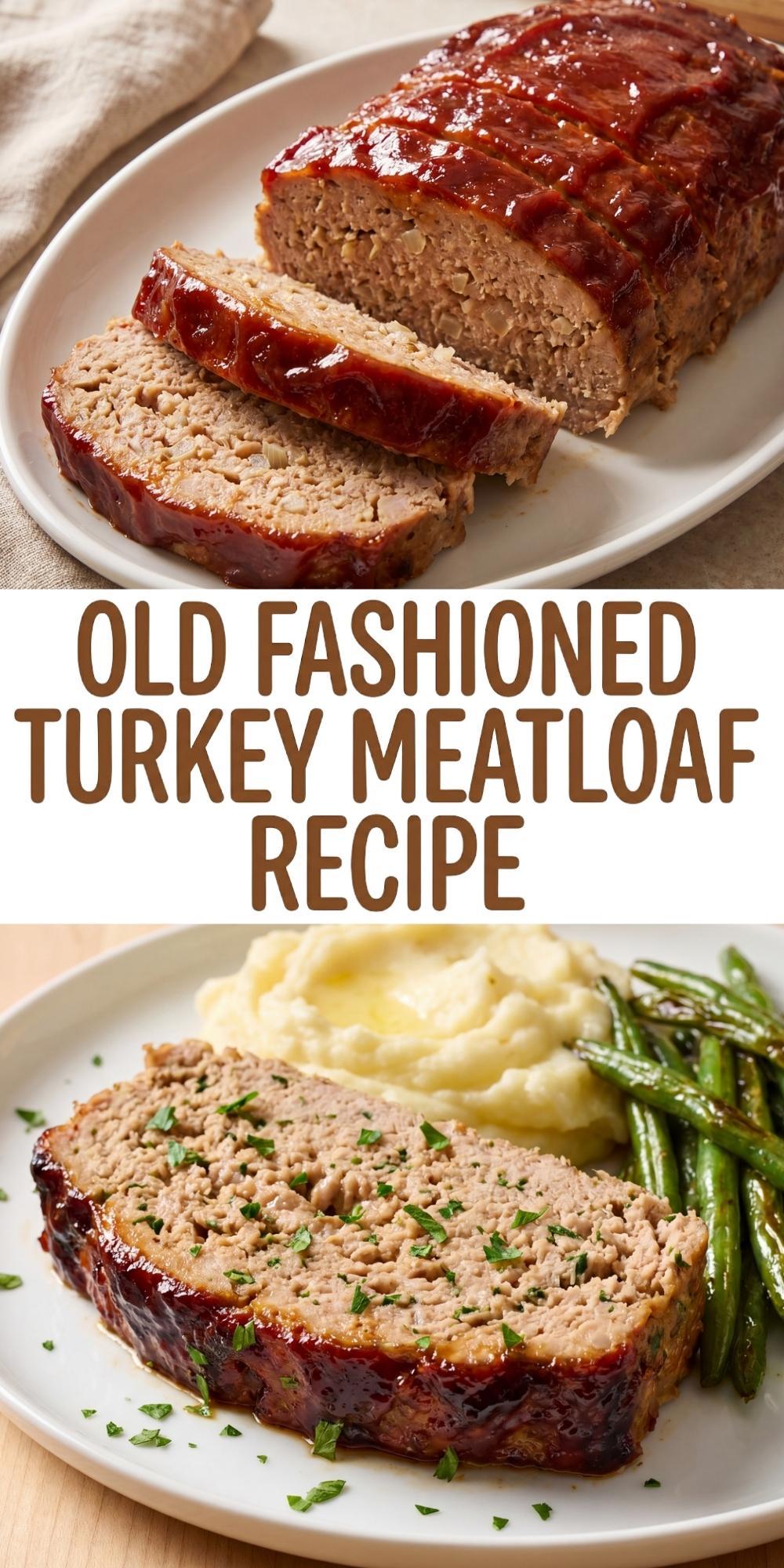 A Pinterest pin graphic featuring a sliced turkey meatloaf on a platter at the top, bold brown text reading Old Fashioned Turkey Meatloaf Recipe in the middle, and a single plated slice with mashed potatoes and green beans at the bottom