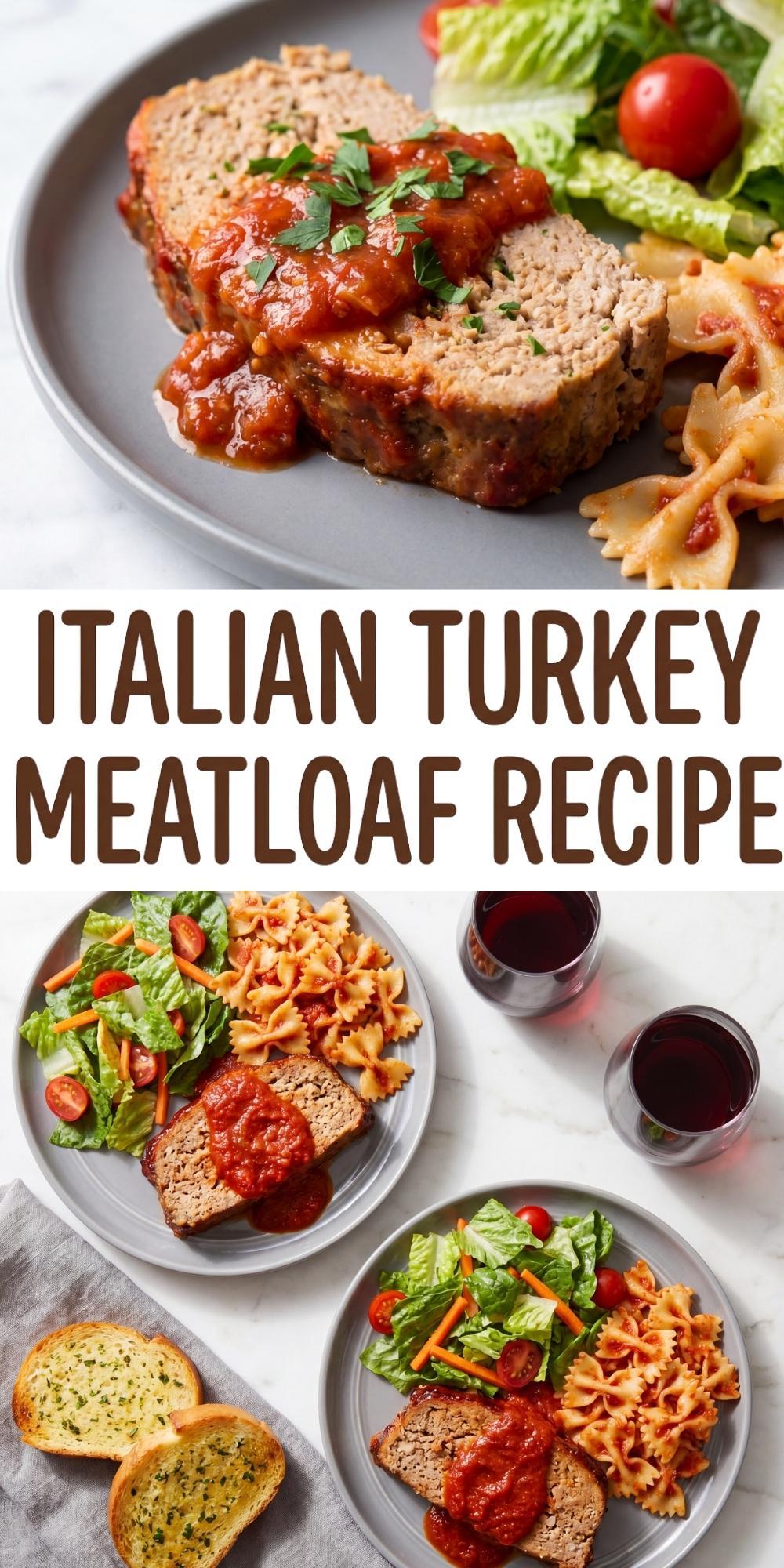 A Pinterest pin graphic containing two images separated by the text Italian Turkey Meatloaf Recipe showing a close up of a meatloaf slice with marinara sauce and a wider table setting with plates of meatloaf, salad, pasta, and garlic bread