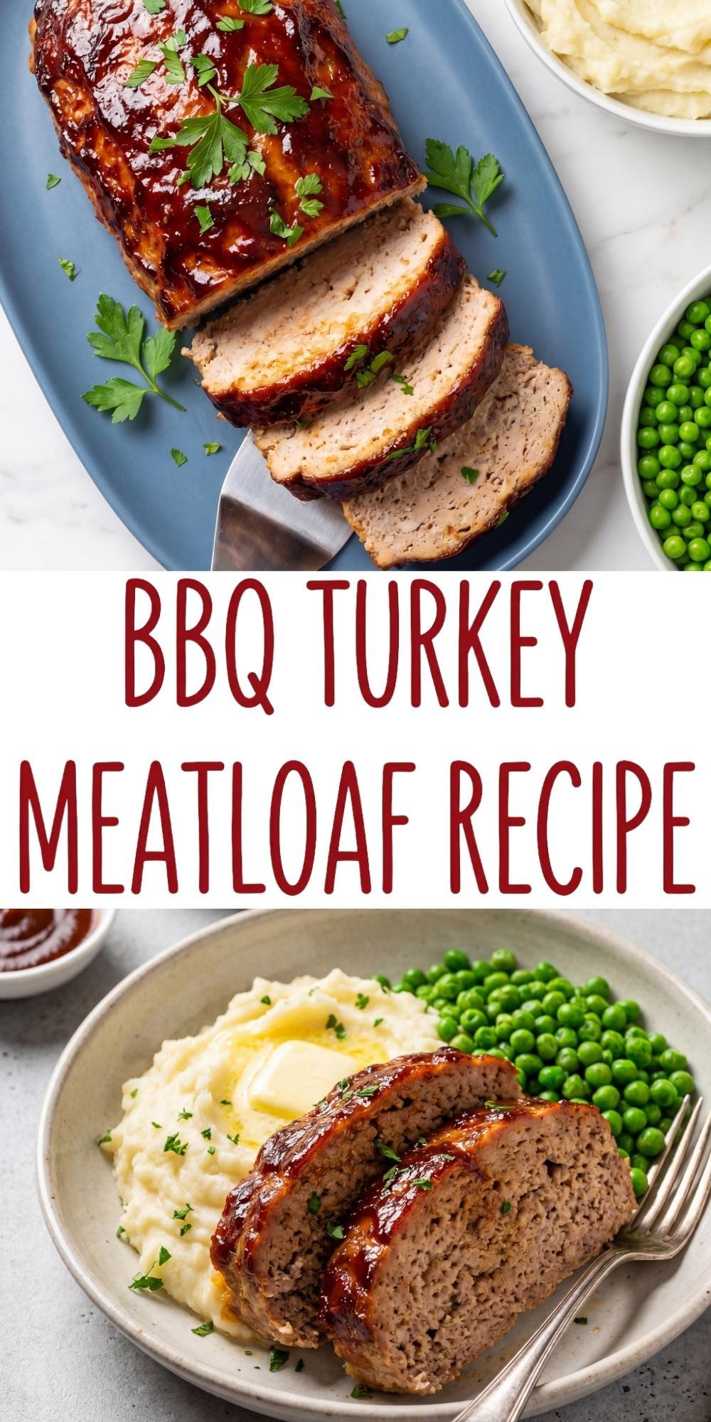 Slices of glazed turkey meatloaf on a blue serving platter with side bowls of mashed potatoes and green peas.