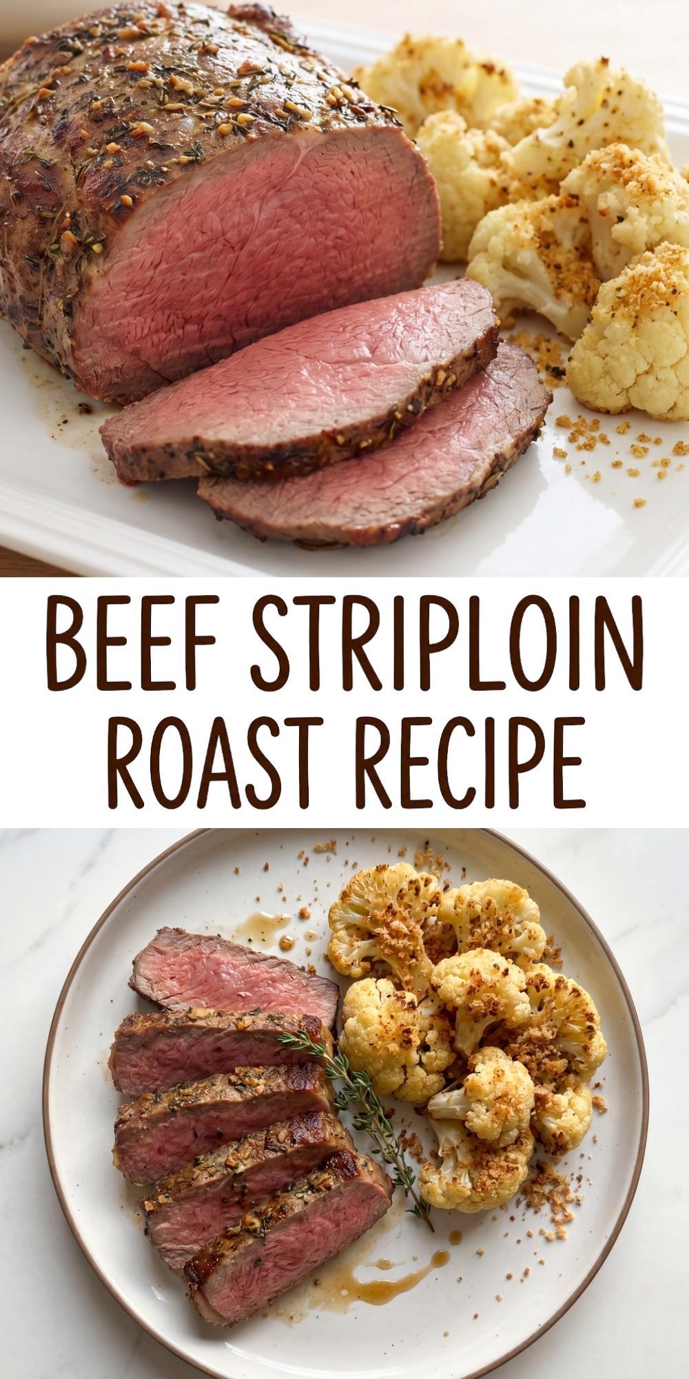 Top image shows a close up of sliced roasted beef next to cauliflower and bottom image shows a plated serving with beef slices and cauliflower florets