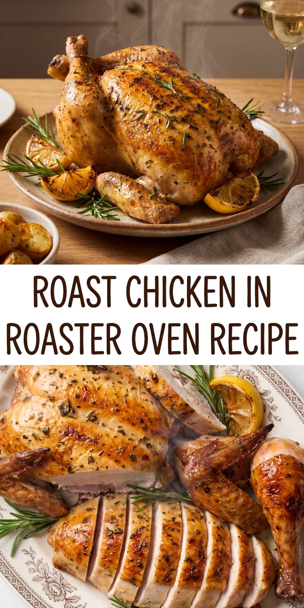 Split image showing a whole steaming roast chicken on a dinner table at the top, and a sliced roasted chicken platter at the bottom