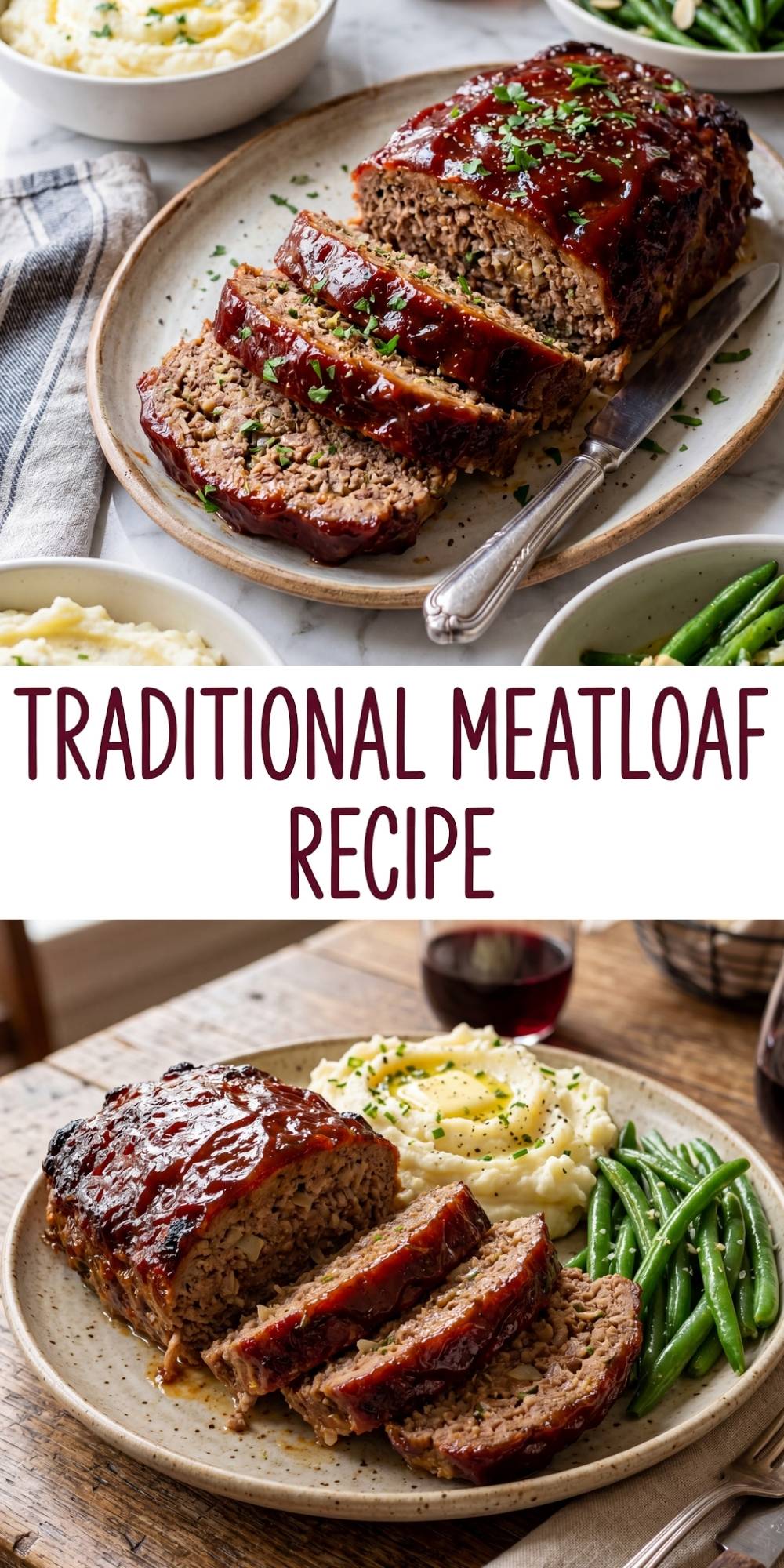 A vertical collage featuring two high-quality images of sliced meatloaf with text reading "Traditional Meatloaf Recipe."