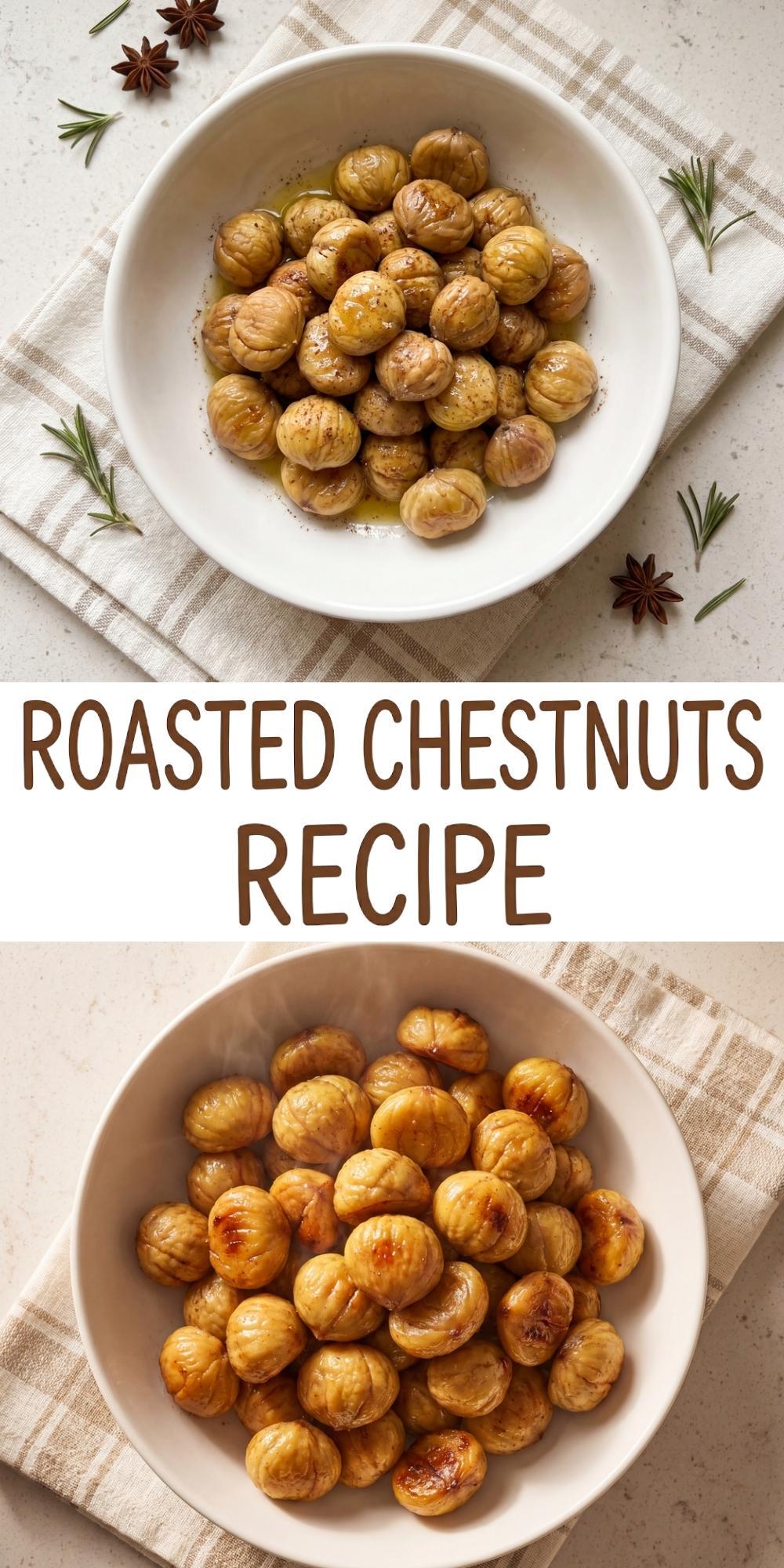 A Pinterest pin graphic featuring two stacked photos of warm, buttery roasted chestnuts served in white bowls on plaid napkins, with the text text overlay reading Roasted Chestnuts Recipe in brown capital letters.