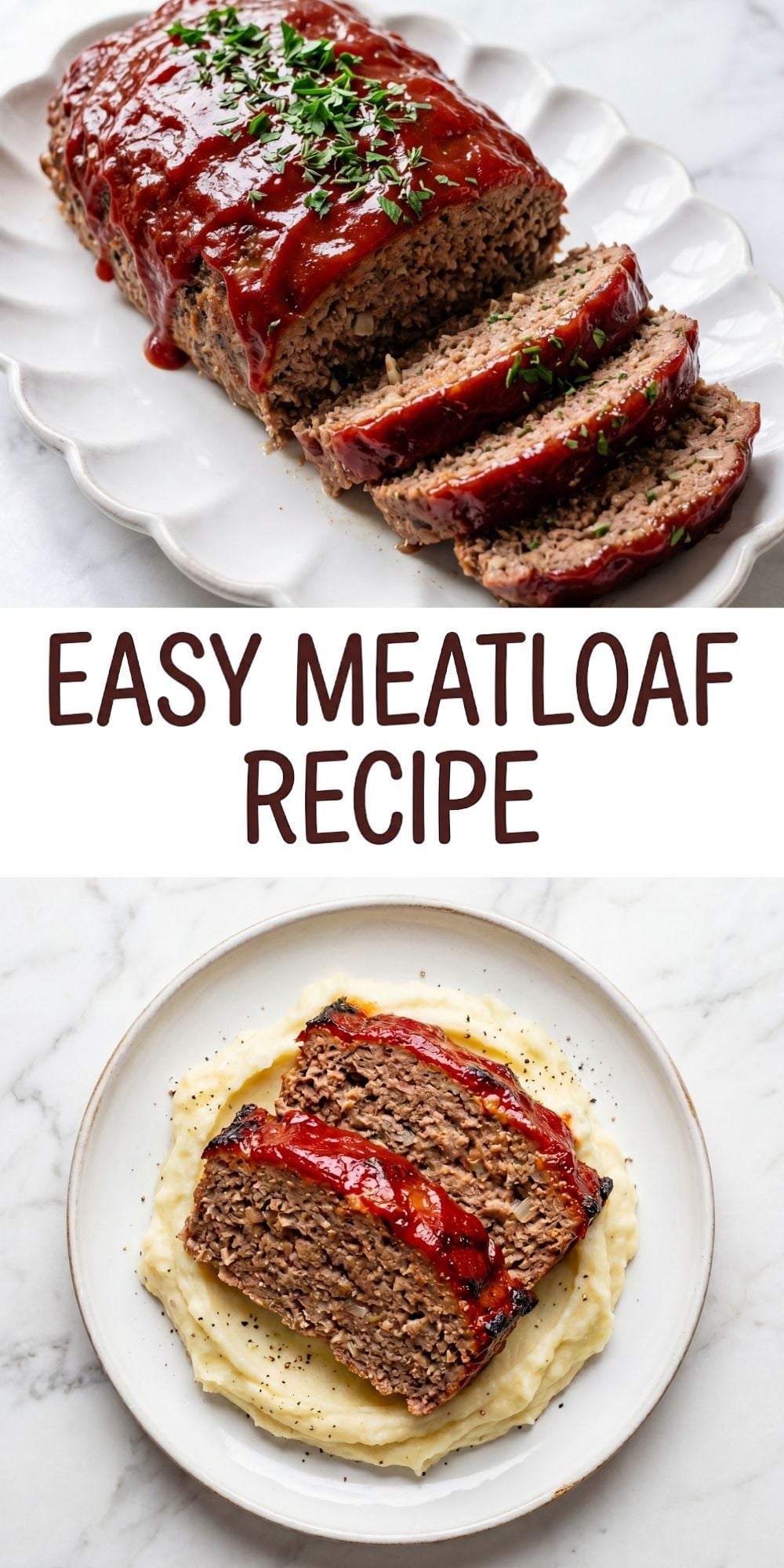 A glazed meatloaf with parsley garnish on a white scalloped platter and two slices on a bed of mashed potatoes, shot on a white marble background.