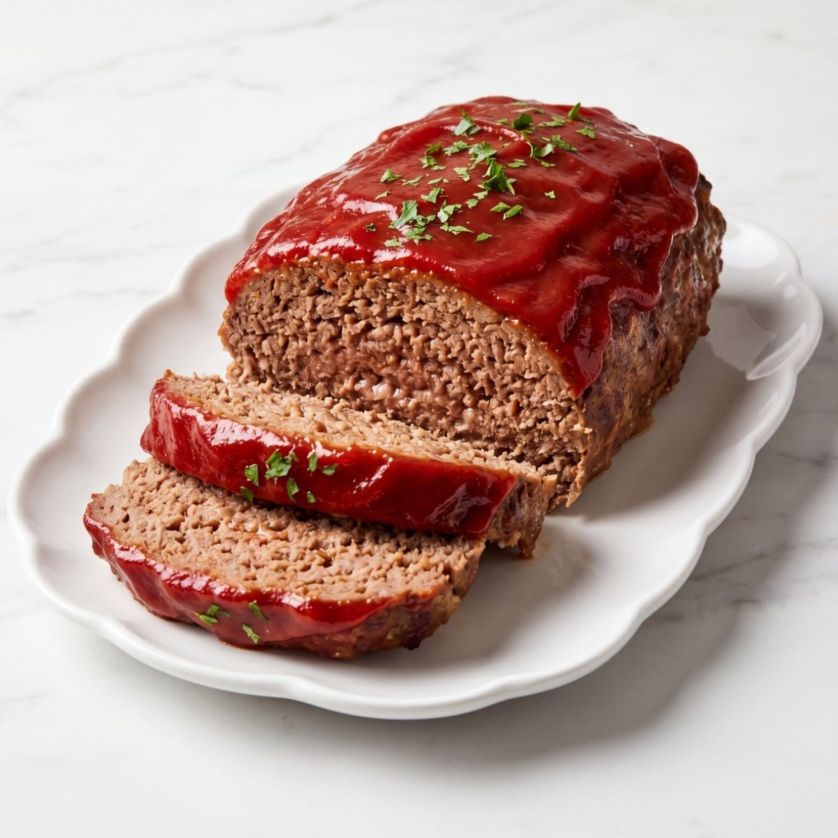 Close-up of a sliced meatloaf showing a tender interior texture and a thick layer of tomato-based glaze.