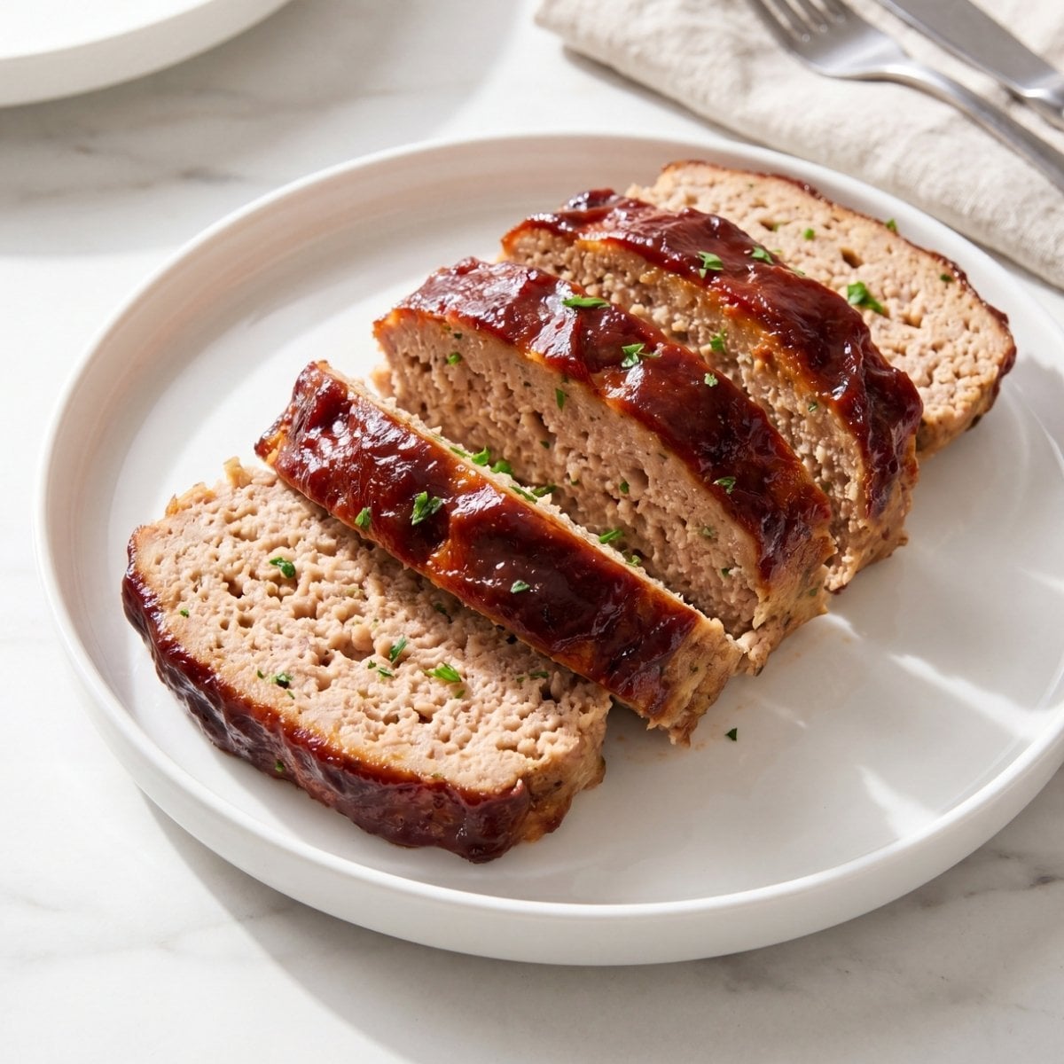 Sliced ground turkey meatloaf with a dark red glaze and fresh parsley garnish served on a white plate.