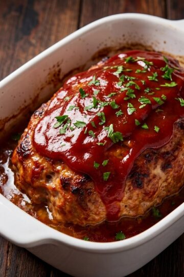 A golden brown baked turkey meatloaf coated in a glossy dark red ketchup glaze and sprinkled with chopped fresh parsley, served hot in a white rectangular baking dish on a rustic dark wood table.
