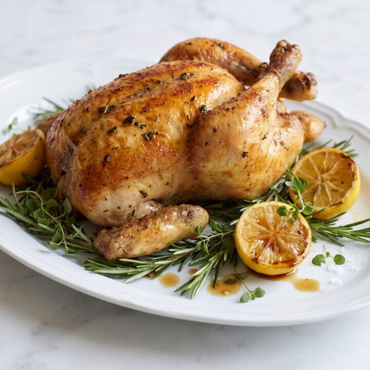 A whole golden brown roasted chicken resting on a bed of fresh rosemary and thyme with grilled lemon halves on a white serving plate