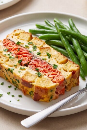 A high angle shot of a baked salmon meatloaf topped with crunchy breadcrumbs, fresh dill, and green parsley fresh out of the oven in a metal pan