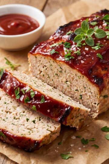 Sliced turkey meatloaf with a dark caramelized red glaze on parchment paper, garnished with fresh herbs and coarse salt next to a small white bowl of sauce