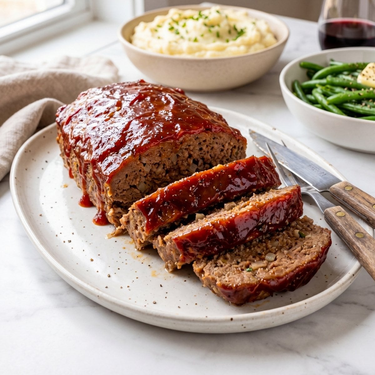 A beautifully sliced meatloaf with a thick glaze served on a white plate with rustic garnishes.