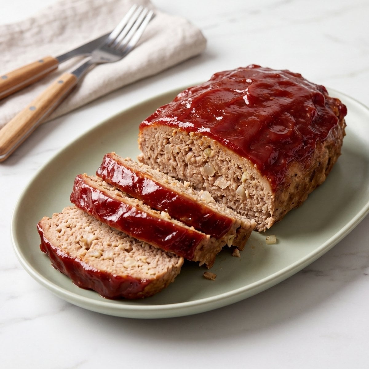 A sliced turkey meatloaf with a thick red glaze served on a light green oval platter next to a fork and knife.