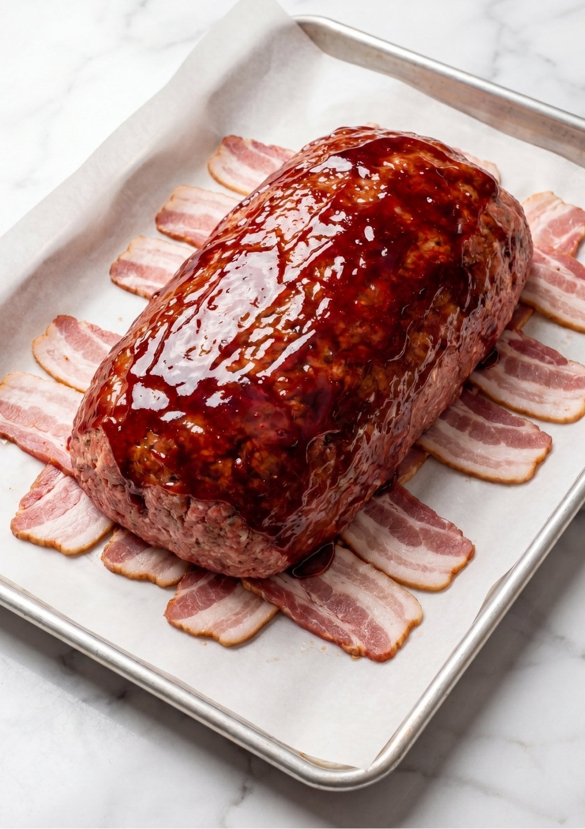A shaped meatloaf topped with a dark red glaze sitting on a bed of raw bacon strips on a parchment lined baking sheet