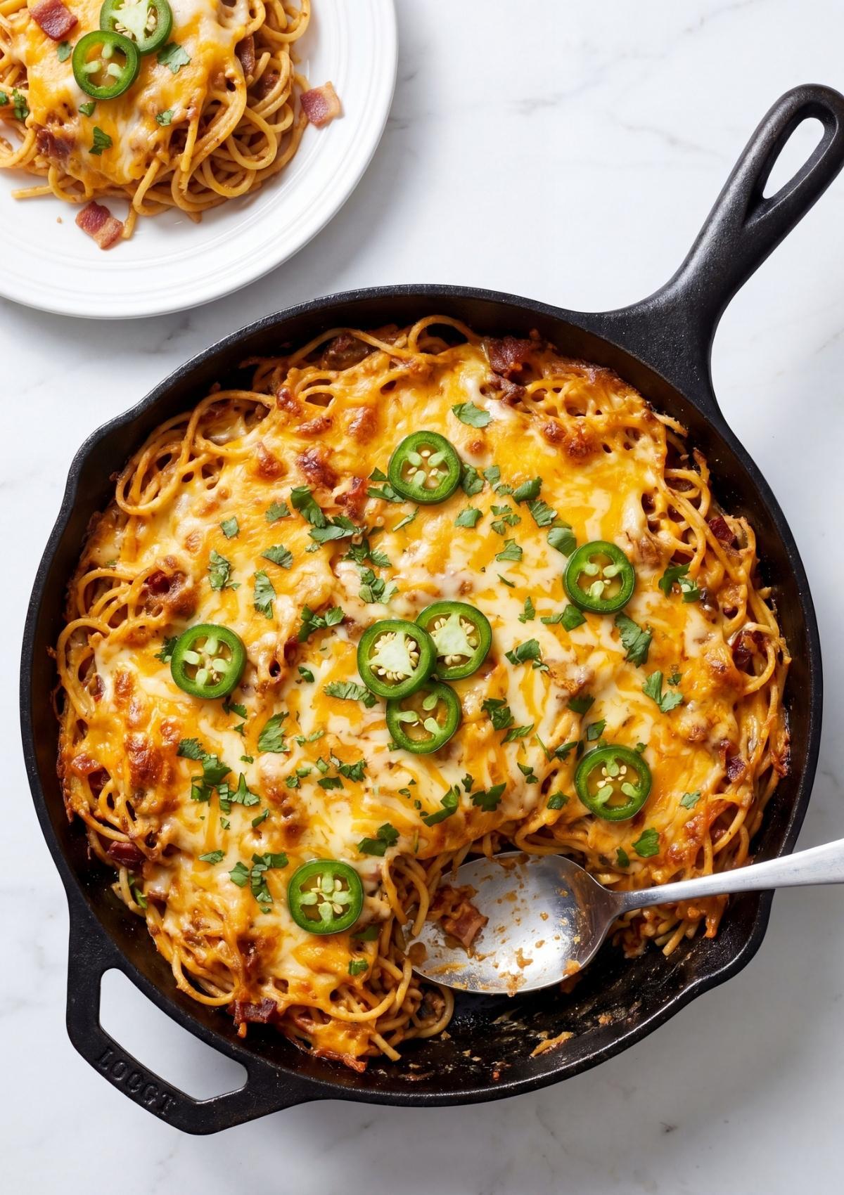 A serving spoon scooping cheesy Cowboy Spaghetti Casserole from a cast iron skillet with a plate in the background.