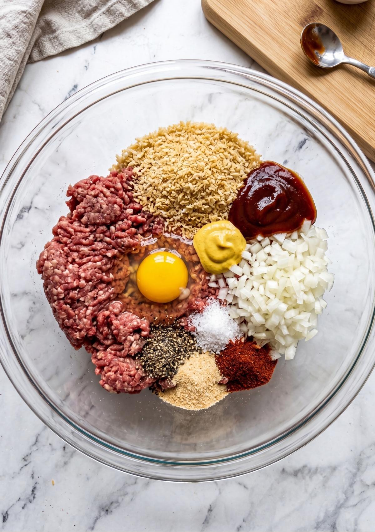 A glass bowl containing ground beef, breadcrumbs, egg, onions, and various spices.