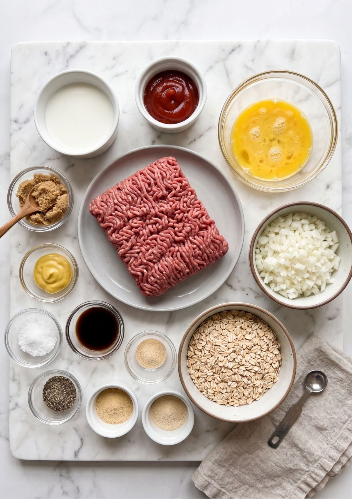 Top-down view of ground beef, rolled oats, diced onions, milk, eggs, and seasonings on a marble surface.