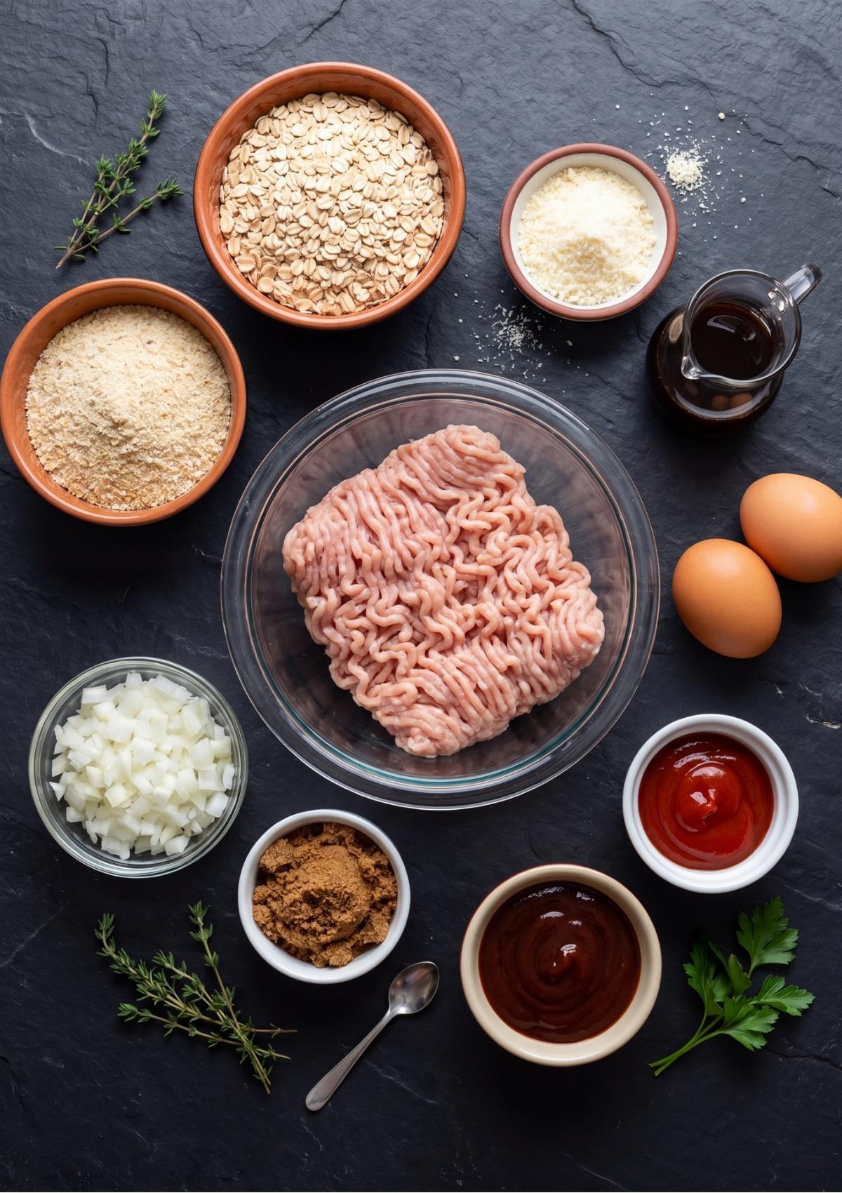 Flat lay of ground chicken, oats, breadcrumbs, eggs, onion, herbs, and glaze sauces on a dark stone background.