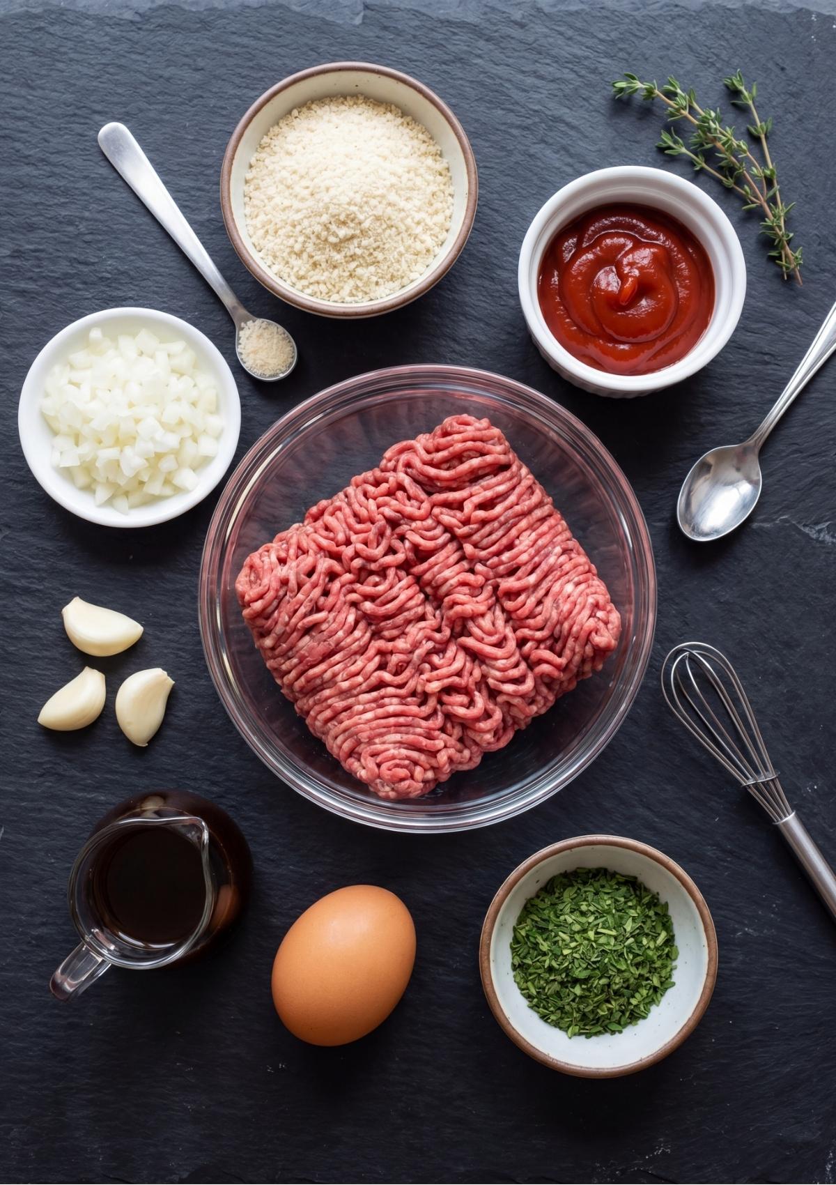 A flat lay on a dark slate background showing ground beef, breadcrumbs, ketchup, chopped onions, garlic cloves, an egg, and fresh herbs.
