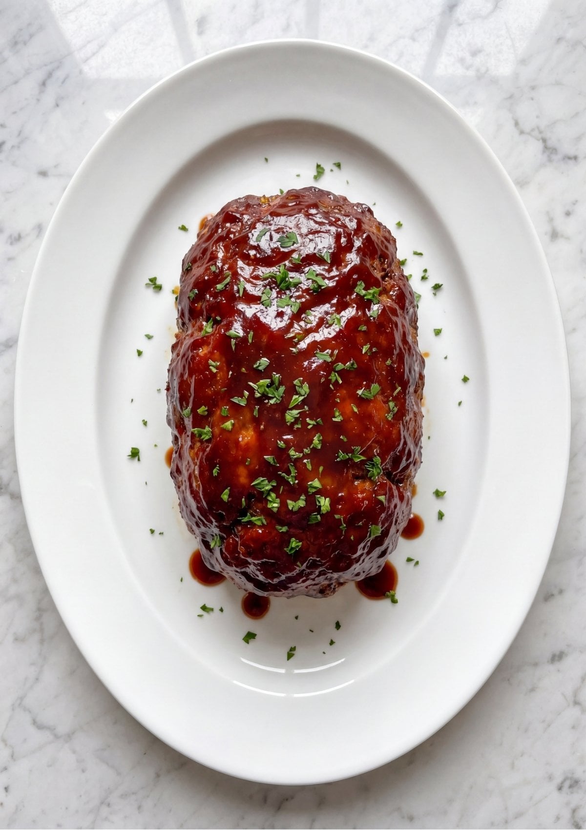 Top down view of a whole cooked meatloaf topped with a thick red glaze and fresh parsley on a white oval platter.