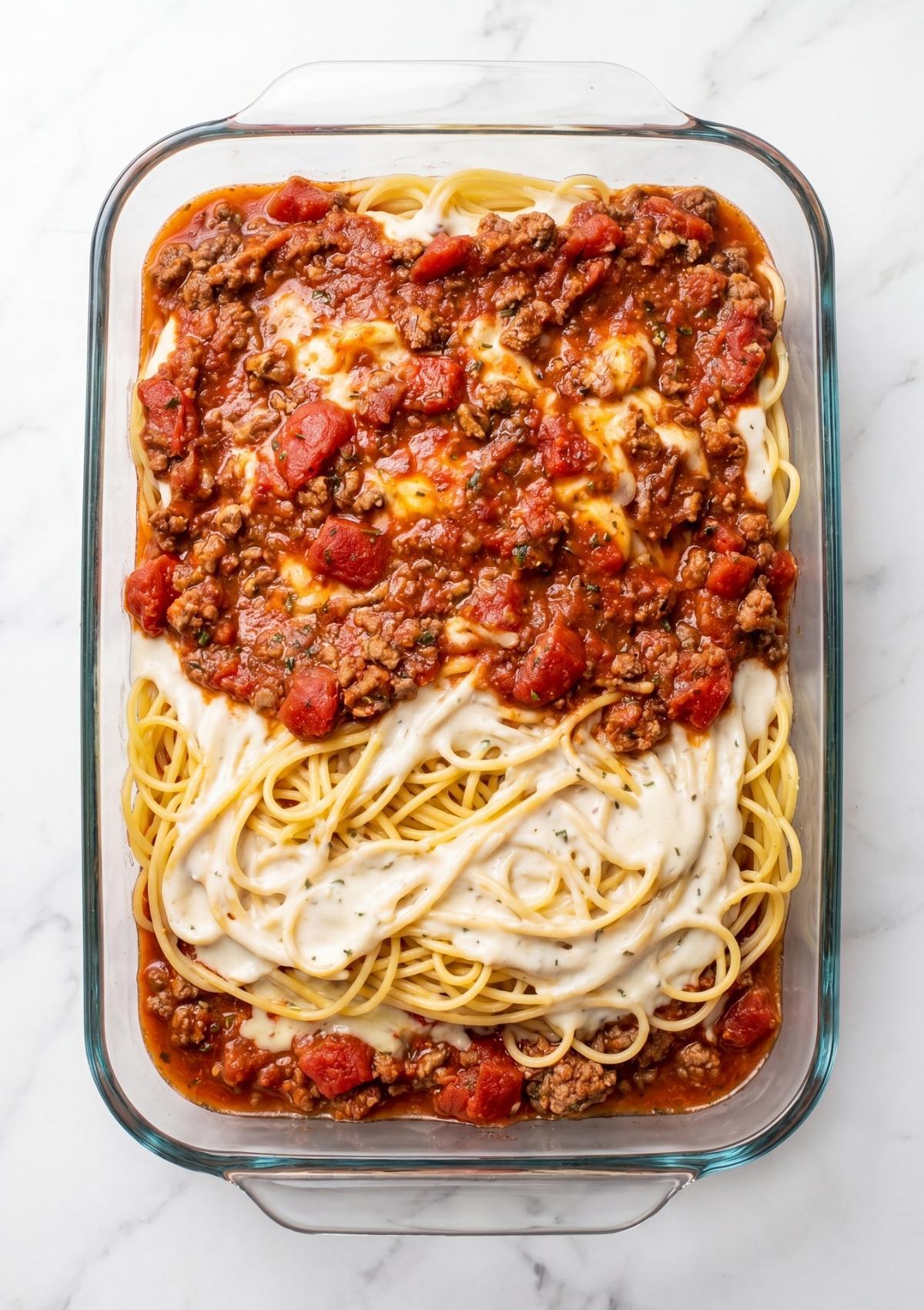 An overhead view of a glass casserole dish being filled with layers of cooked pasta, a creamy white sauce, and a chunky tomato-based meat sauce for Cowboy Spaghetti with Cream Cheese.