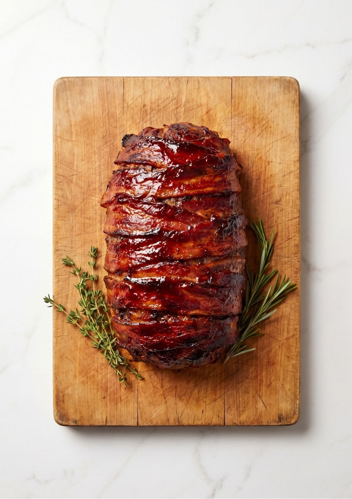 A whole cooked meatloaf wrapped in crispy glazed bacon on a wooden cutting board with fresh herbs