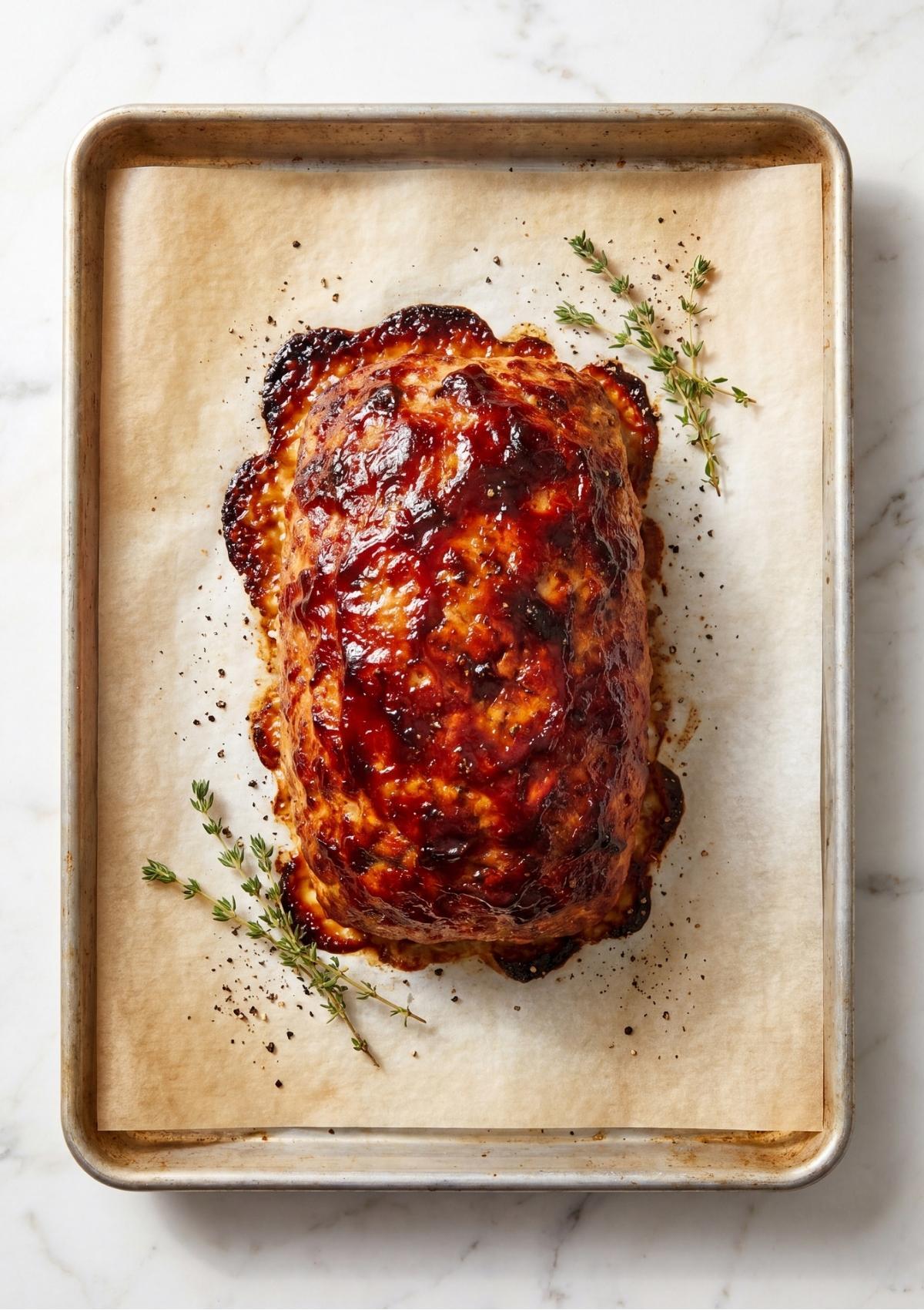A fully baked turkey meatloaf with a caramelized red glaze on a baking sheet lined with parchment paper, garnished with fresh thyme sprigs