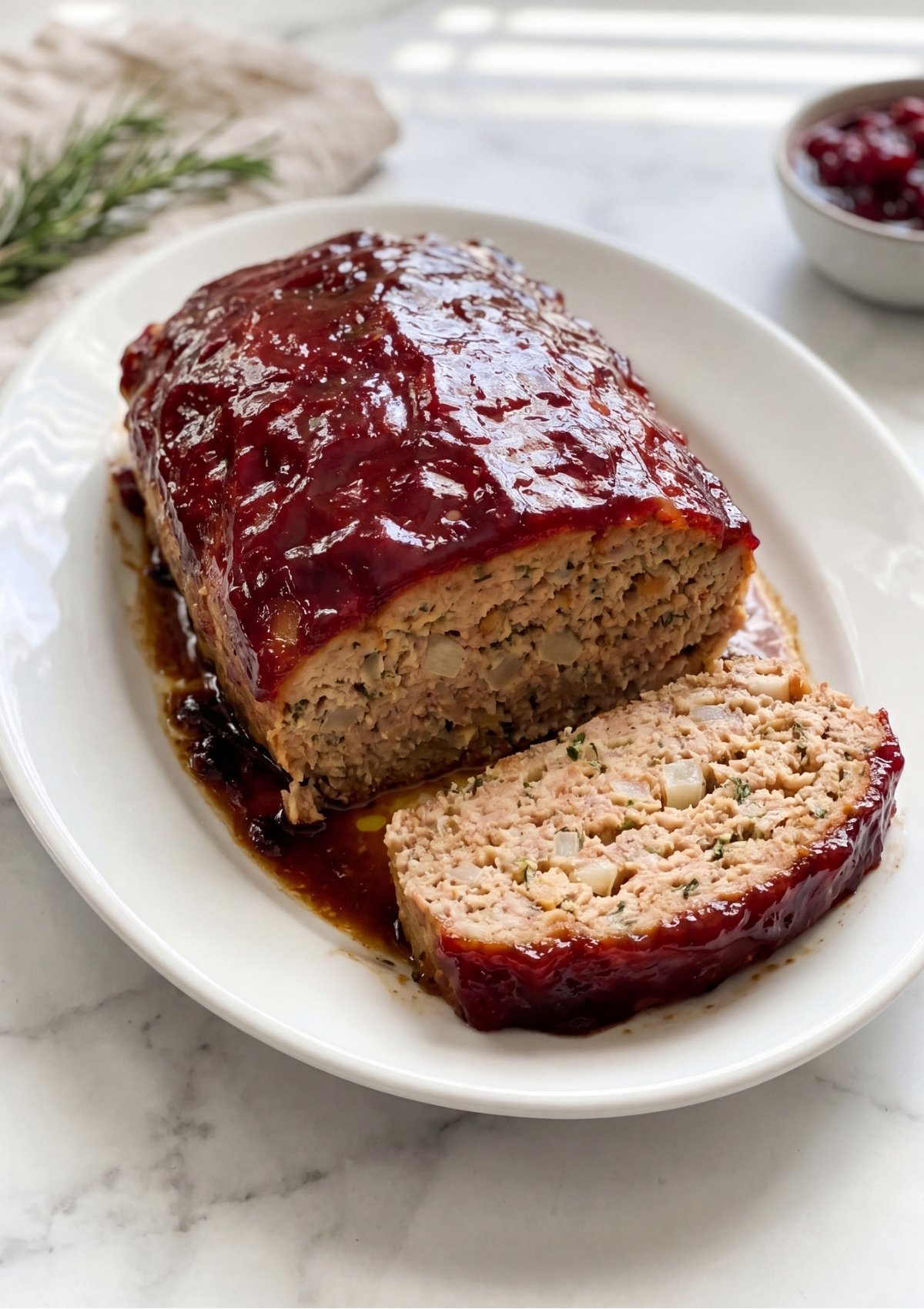 A sliced old fashioned turkey meatloaf coated in a thick red glaze served on a white platter with a side of cranberry sauce