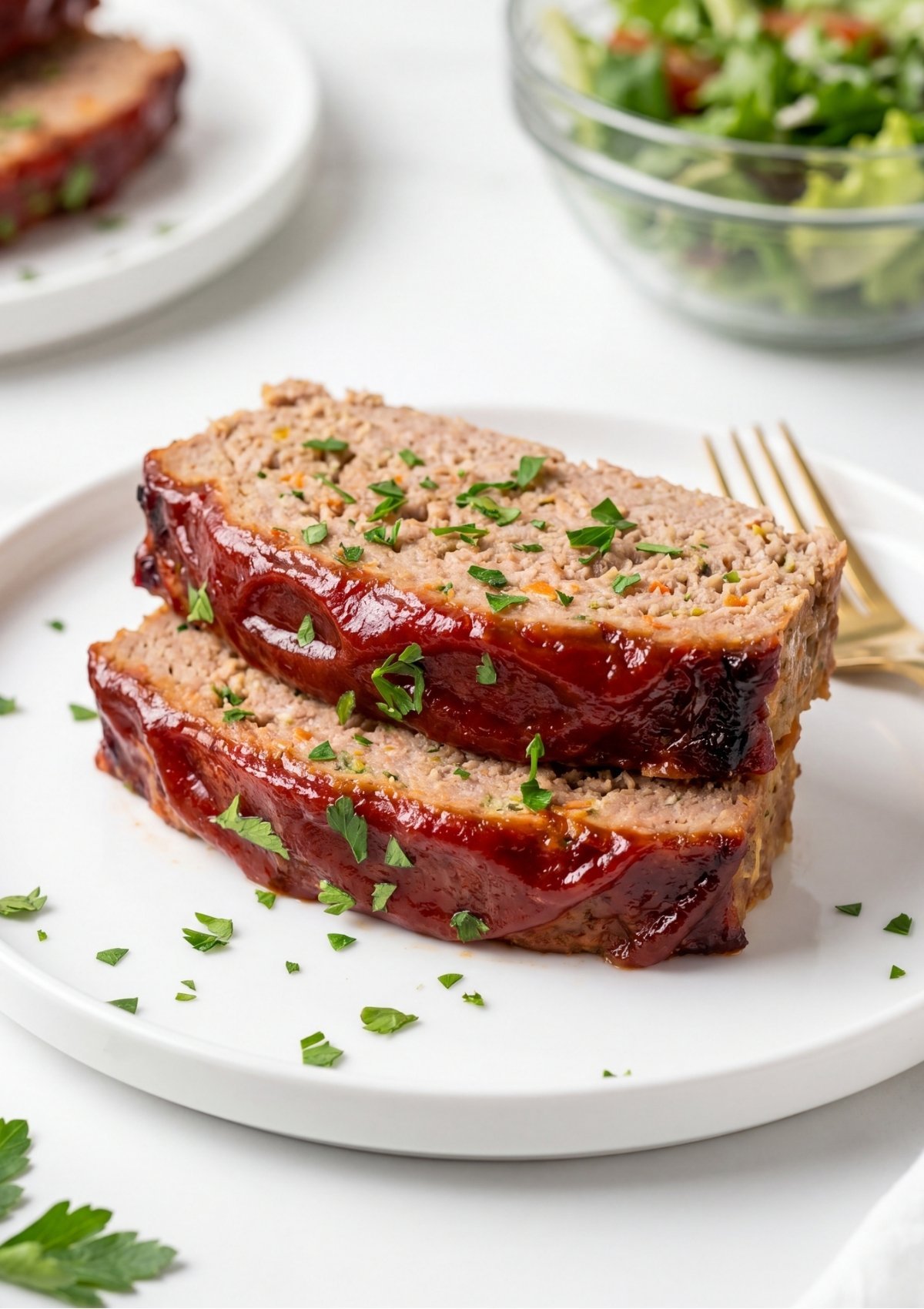 Two thick slices of juicy turkey and beef meatloaf topped with a rich red glaze and fresh parsley served on a white plate.