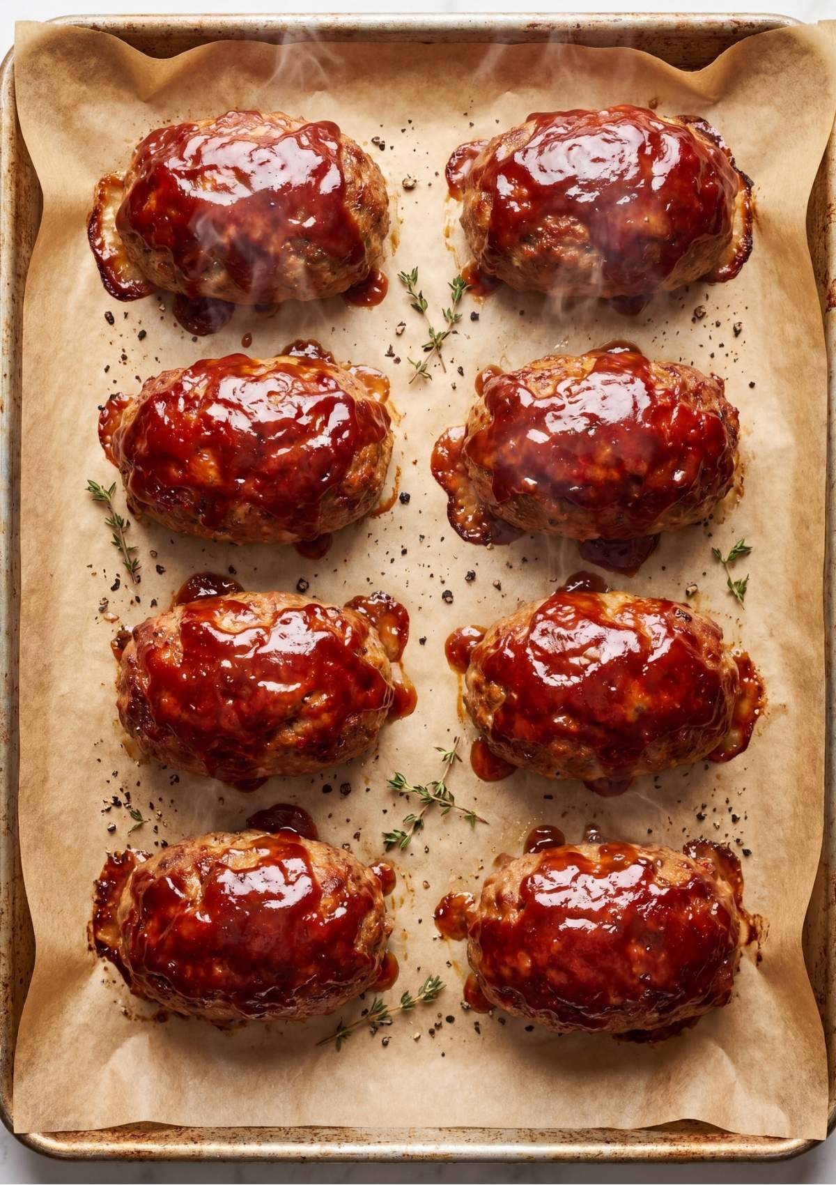 Eight fully baked mini turkey meatloaves steaming on a parchment-lined baking sheet topped with a bubbly caramelized glaze and fresh thyme sprigs