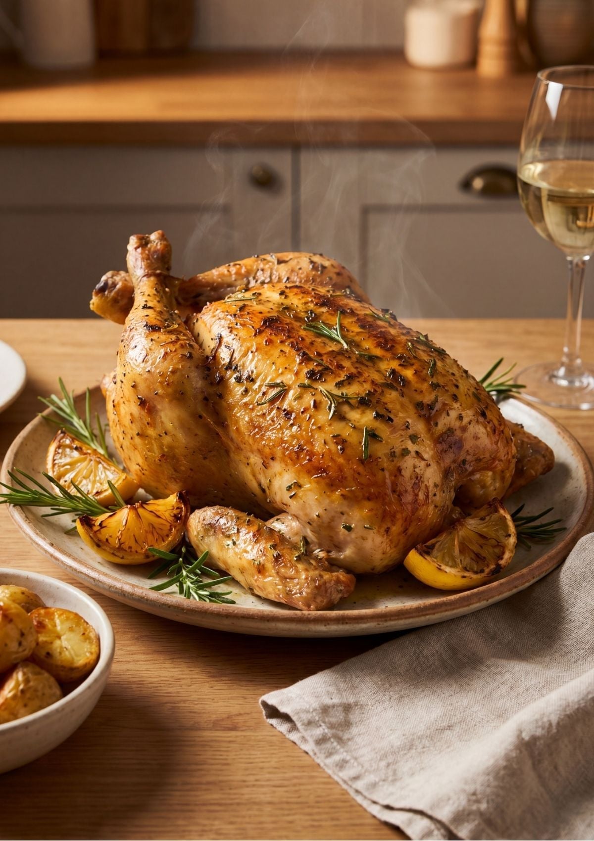A whole steaming hot roast chicken on a ceramic plate served on a wooden table next to a bowl of roasted potatoes and a glass of white wine