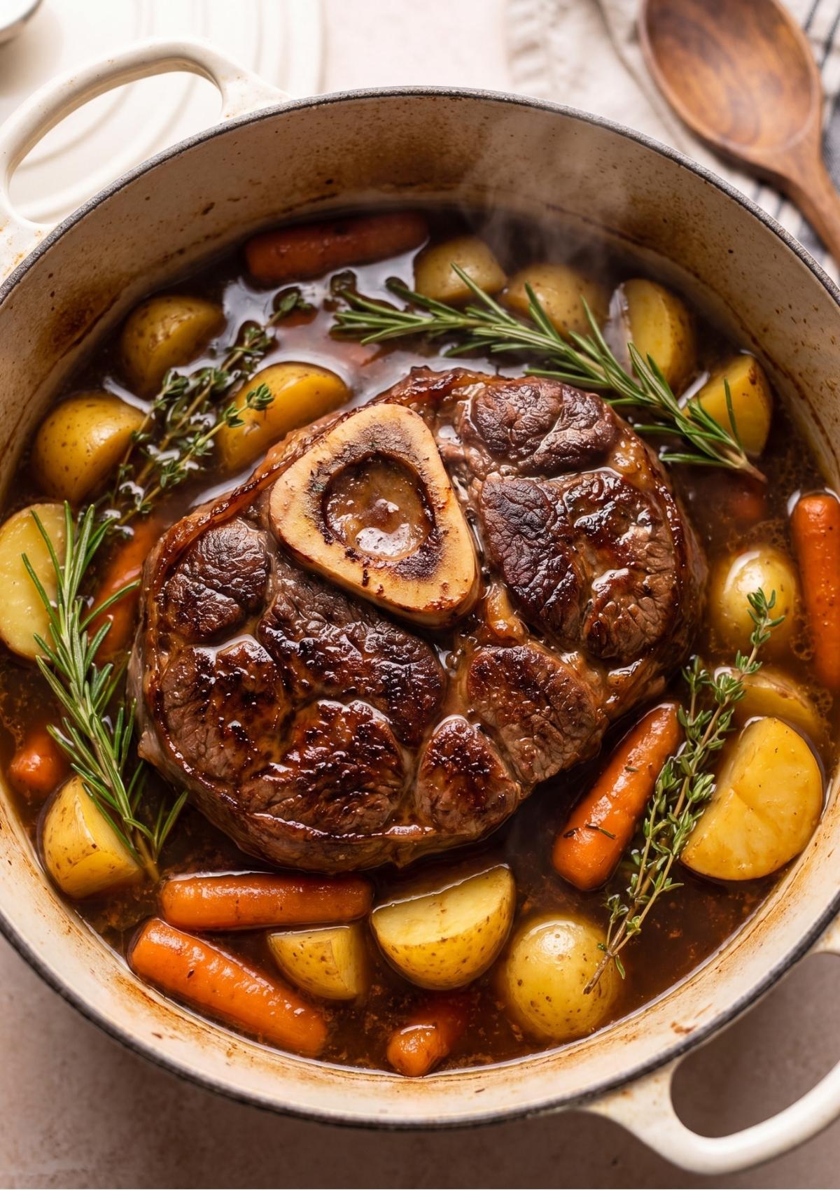A bone-in arm roast pot roast simmering in a Dutch oven with potatoes, carrots, fresh rosemary, and thyme in a rich broth.
