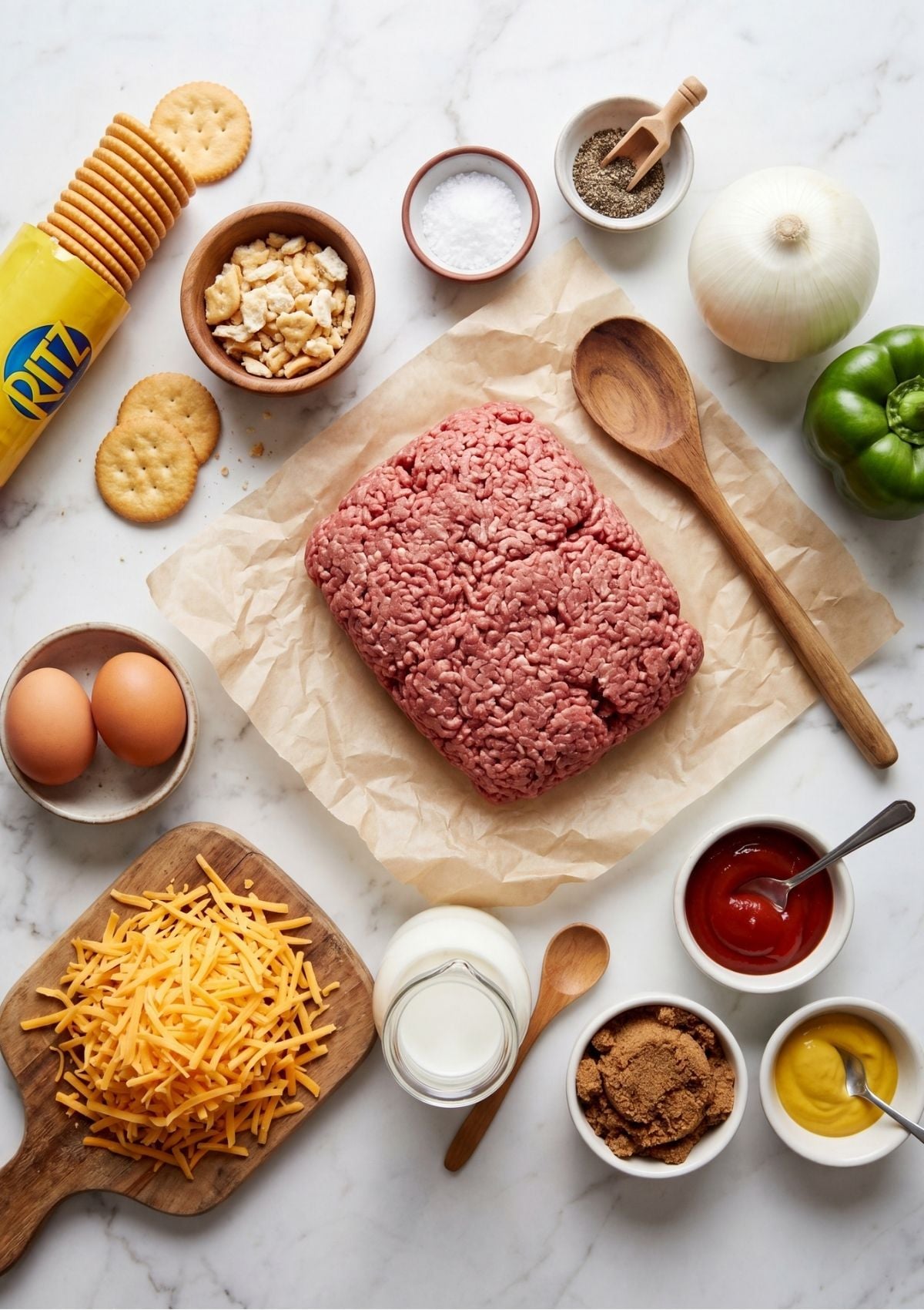 Flat lay of raw ground beef, Ritz crackers, eggs, shredded cheddar, onion, bell pepper, and glaze components.