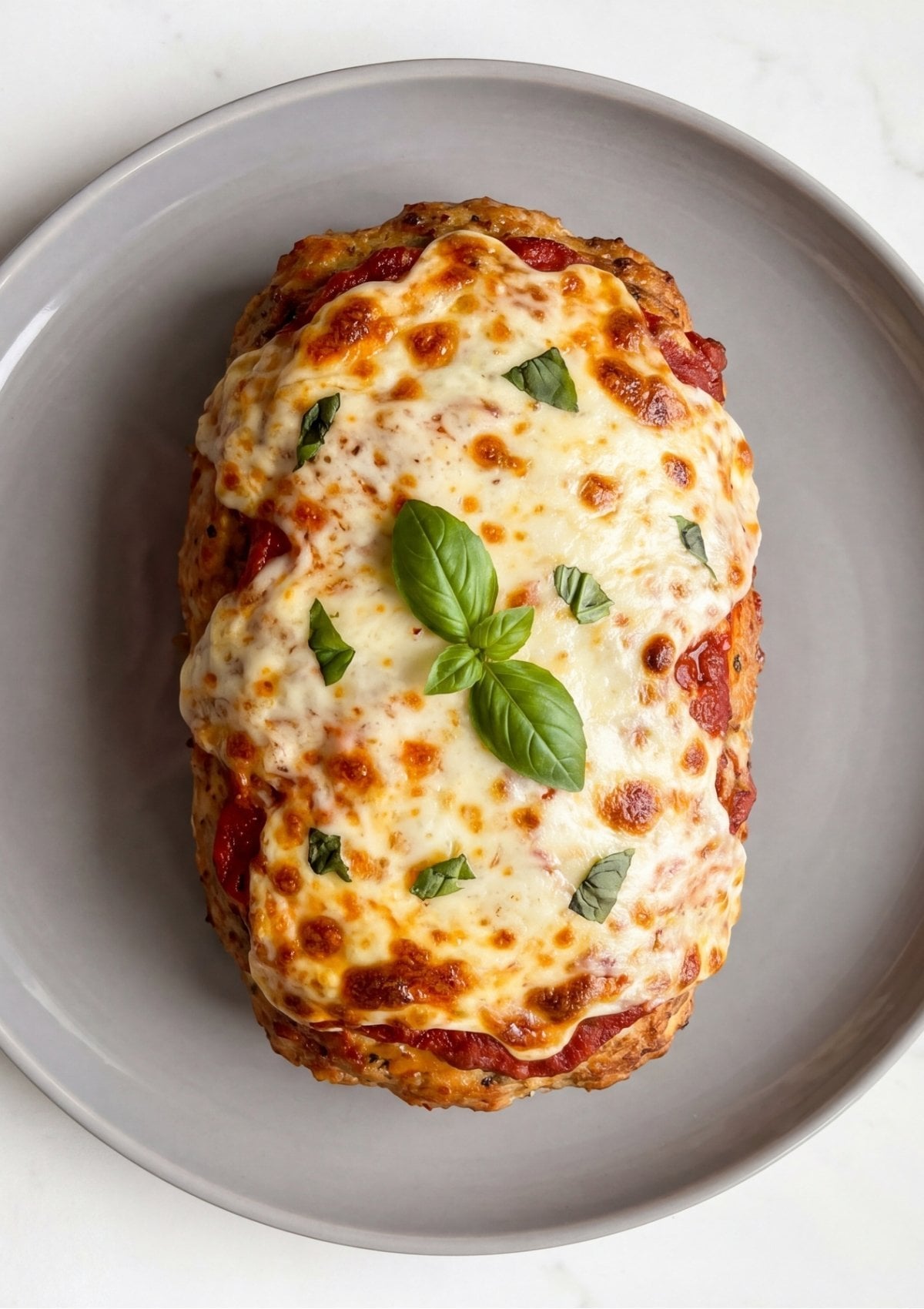 An overhead view of a whole baked turkey meatloaf covered in melted, golden brown mozzarella cheese and fresh basil leaves on a grey serving plate