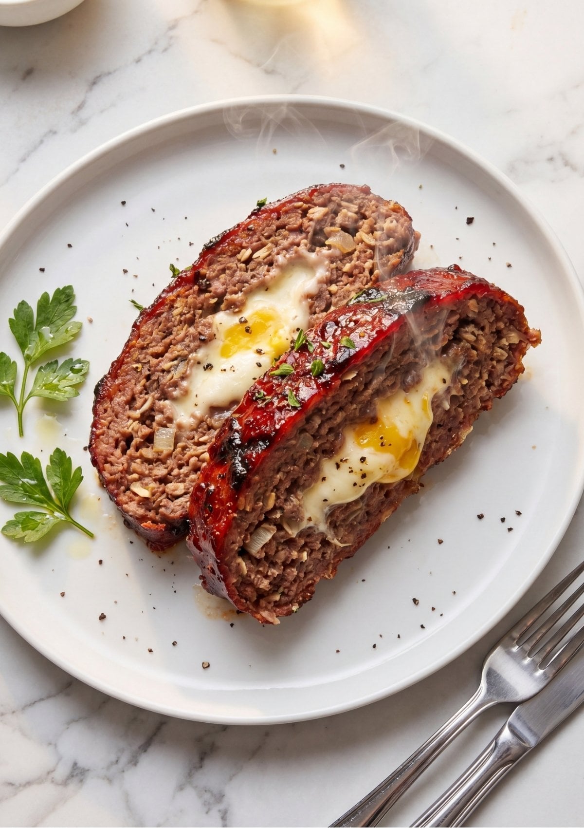 Two thick slices of smoked meatloaf on a white plate, showing a melted pepper jack cheese center, garnished with fresh parsley and black pepper.