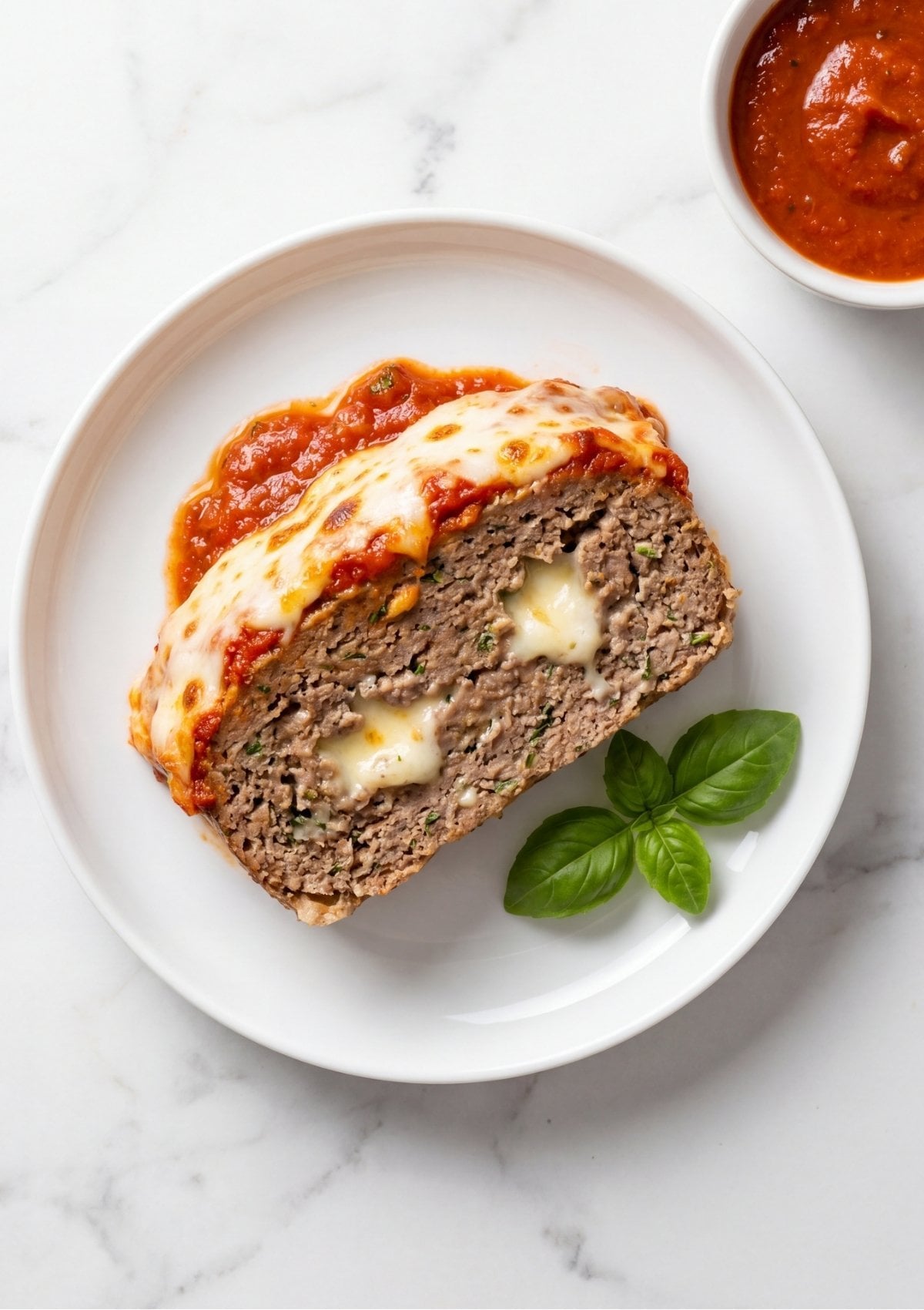 A close-up overhead shot of one slice of meatloaf on a white plate, oozing melted cheese and garnished with fresh basil.