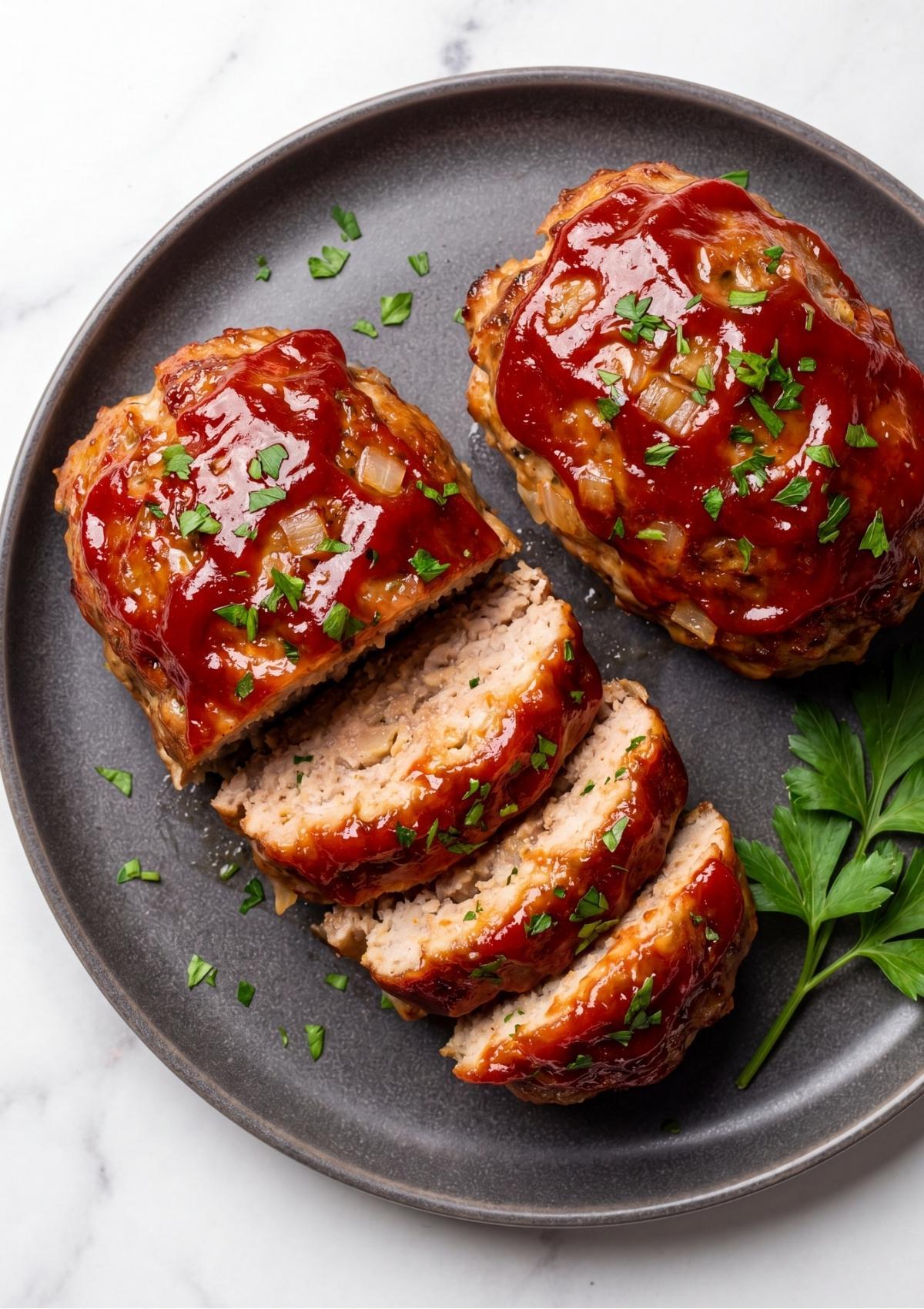 Slices of a juicy turkey meatloaf with a glossy red glaze arranged on a dark grey plate alongside a whole mini loaf and fresh parsley garnish