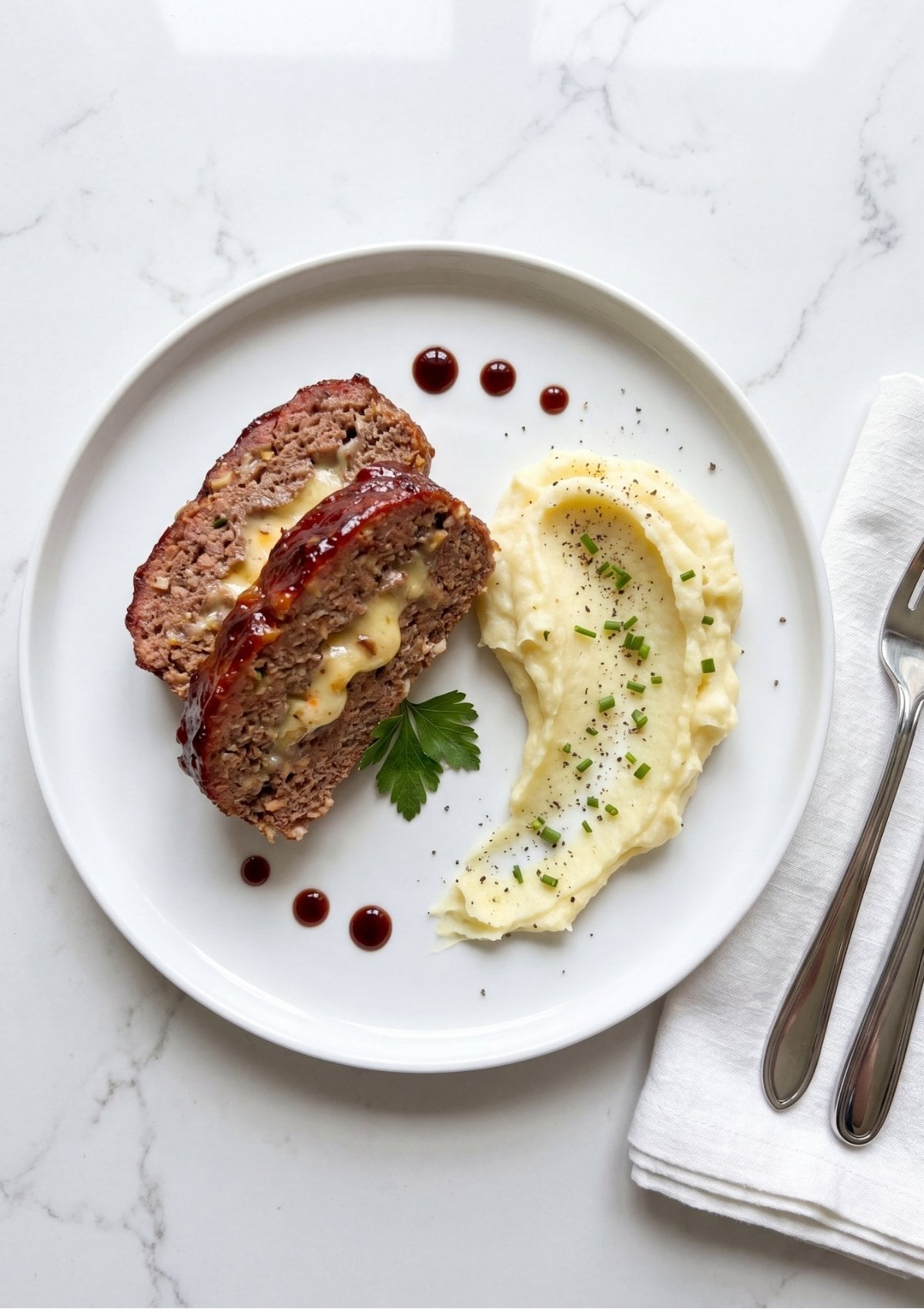 A clean, top-down view of two meatloaf slices served with a smooth swirl of mashed potatoes and balsamic glaze droplets on a white plate.