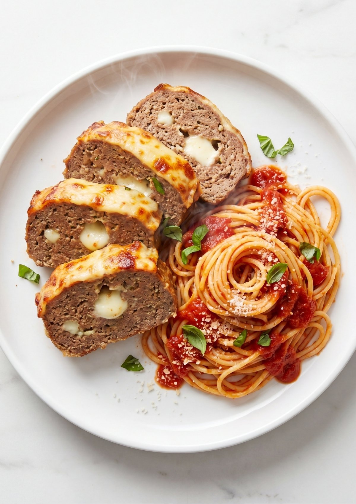 Three thick slices of mozzarella-stuffed meatloaf served on a white plate alongside a swirl of spaghetti tossed in marinara sauce.