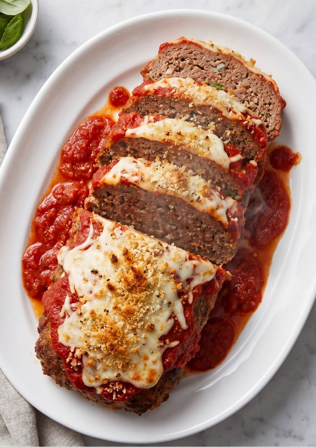 An overhead view of a sliced Italian meatloaf on an oval white platter, garnished with fresh basil and served with extra marinara.