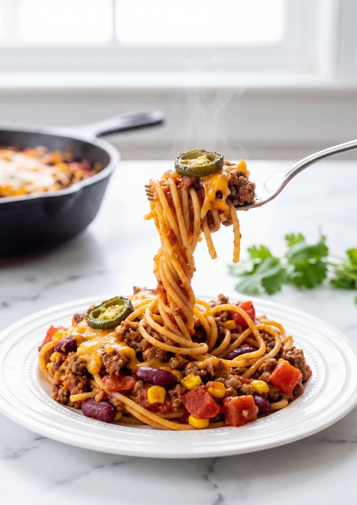 A close-up shot of a fork lifting a swirl of cheesy spaghetti topped with a jalapeño slice, with a steaming plate of casserole on a white marble background.