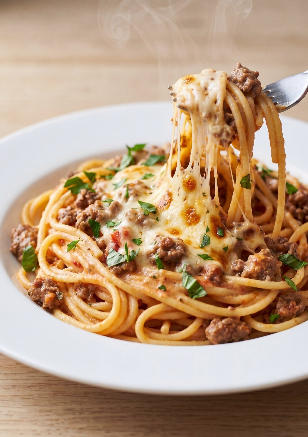 A professional food shot of Cowboy Spaghetti with Cream Cheese in a white bowl, topped with melted cheese, savory meat sauce, and a fresh garnish of chopped parsley.