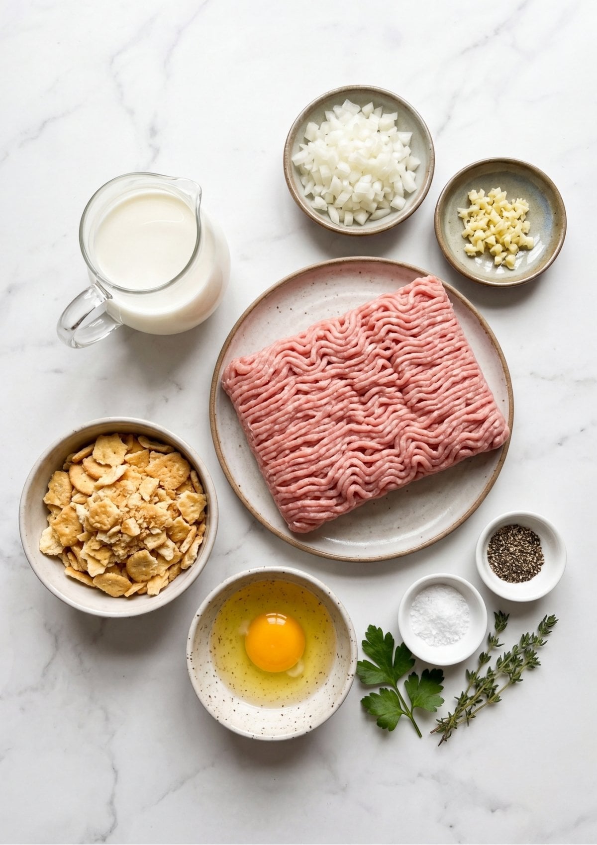 A flat-lay arrangement of raw ingredients including ground turkey, a cracked egg, chopped onions, minced garlic, milk, crushed crackers, fresh herbs, salt, and pepper.