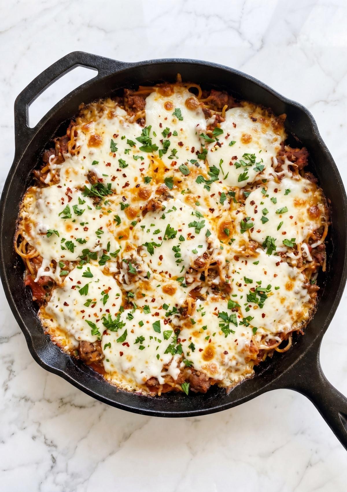 Cowboy Spaghetti baked in a skillet with a bubbly white cheese topping and red pepper flakes.