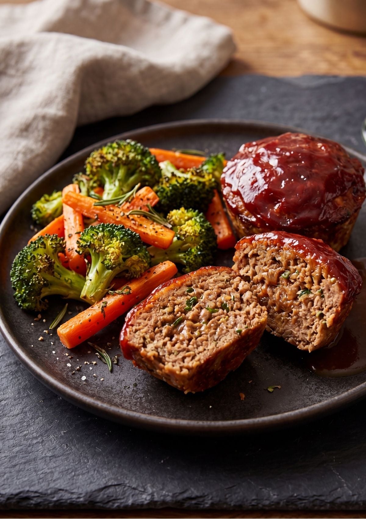 A sliced mini meatloaf served with roasted broccoli and carrots on a dark plate.