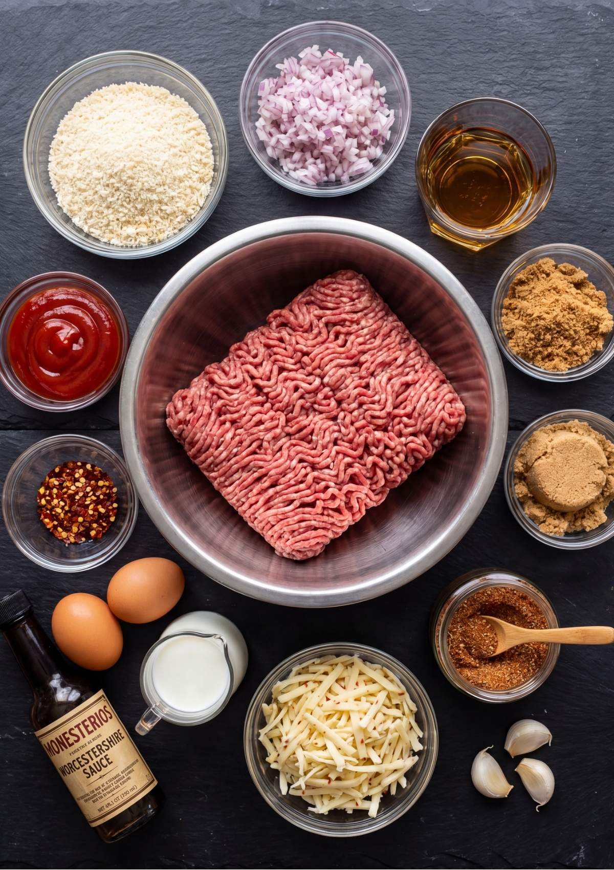 A top-down flat-lay on a black slate surface showing ground beef, breadcrumbs, red onions, eggs, milk, shredded cheese, and spices for a smoked meatloaf recipe.
