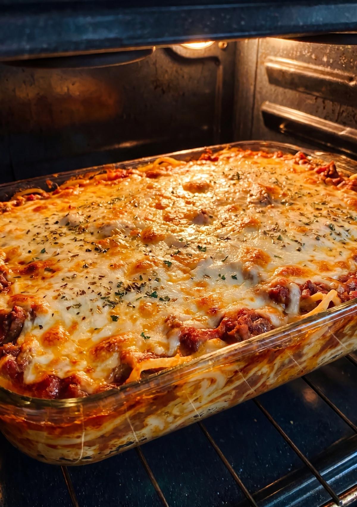 A glass baking dish filled with Cowboy Spaghetti with Cream Cheese topped with bubbly, browned mozzarella and dried herbs, seen through an open oven door while baking.