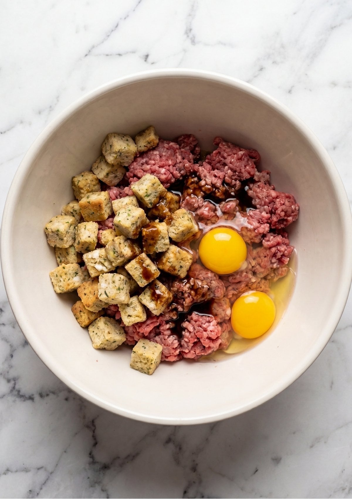 A white bowl containing raw ground beef, two cracked eggs, and herb seasoned stuffing cubes with Worcestershire sauce