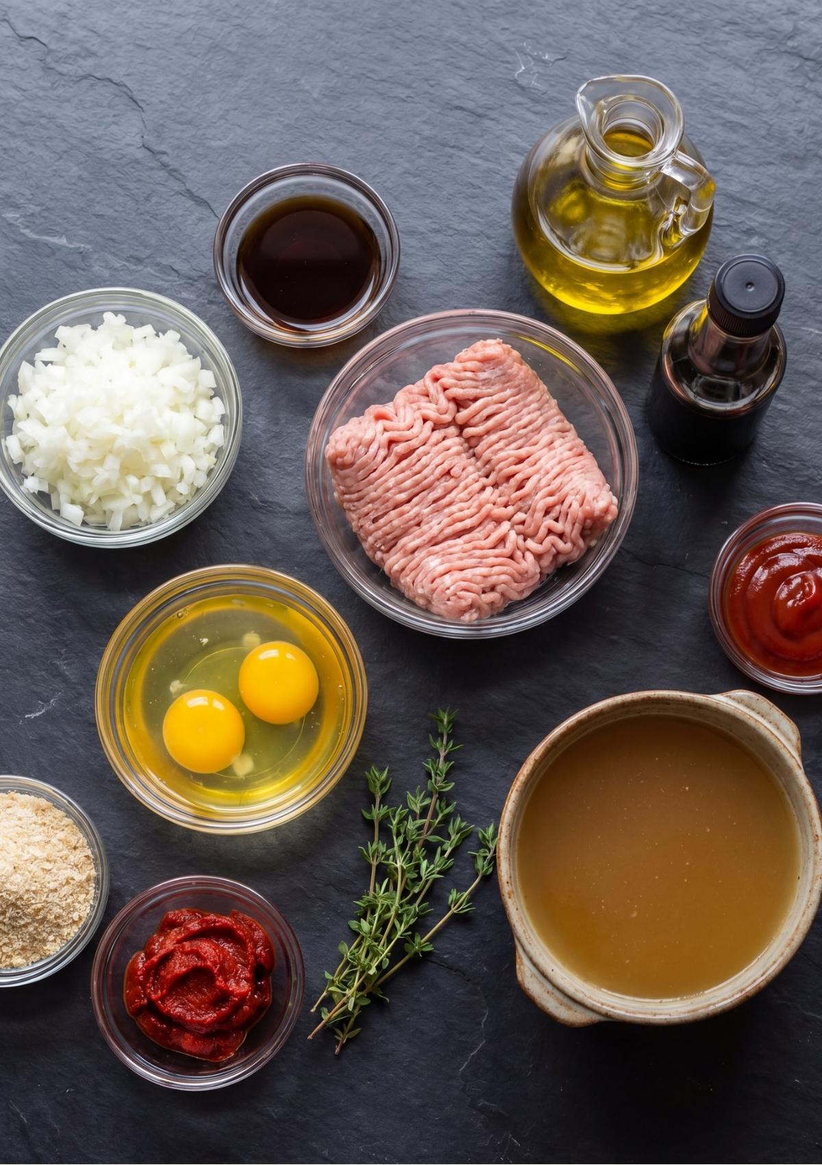 Ingredients for turkey meatloaf arranged in small glass bowls on a dark slate surface, including ground turkey, chopped onions, raw eggs, breadcrumbs, chicken stock, ketchup, tomato paste, and fresh thyme sprigs.