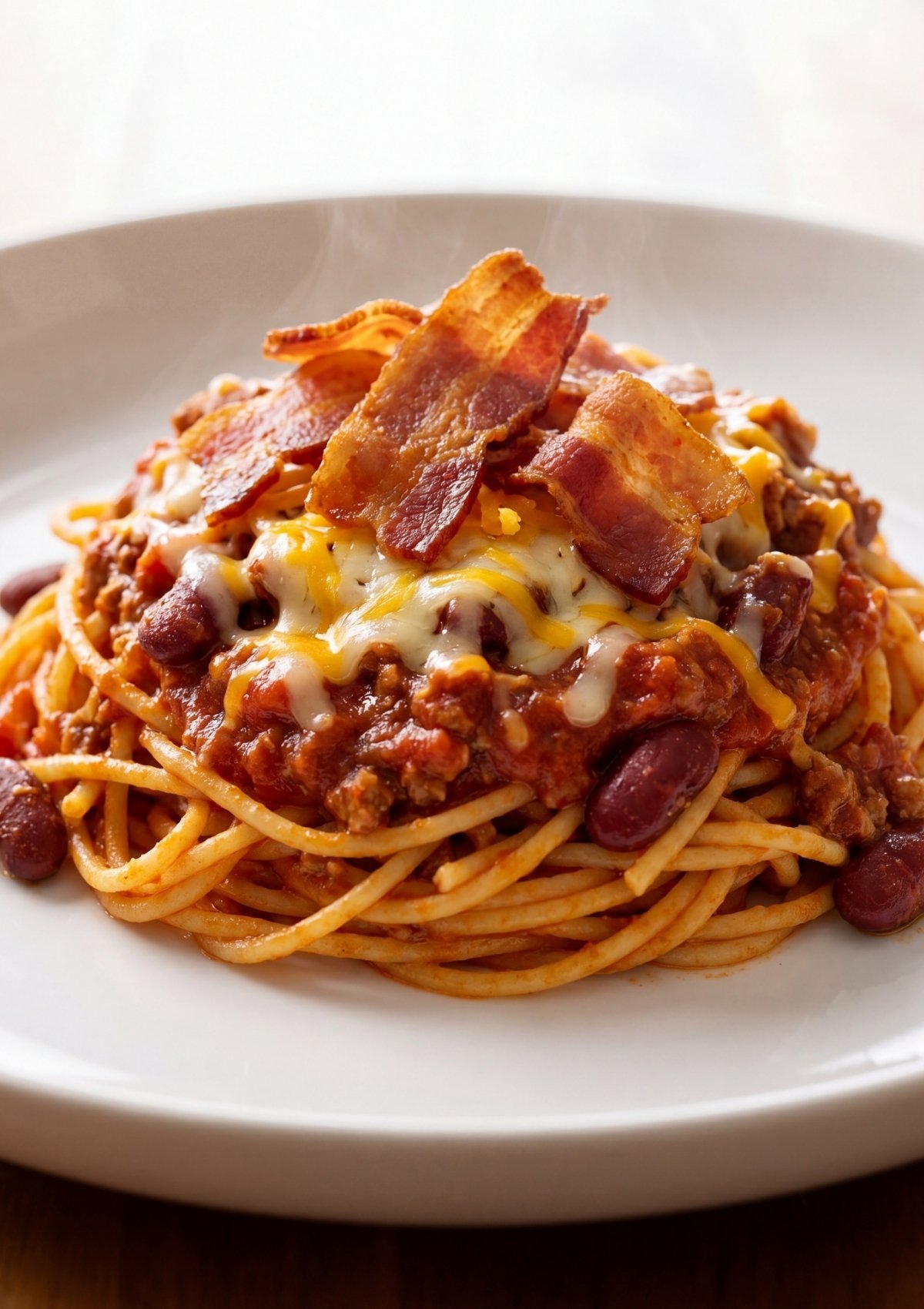 A close-up of a finished serving of Instant Pot Cowboy Spaghetti featuring thick noodles, red kidney beans, and a generous layer of melted cheese and bacon.